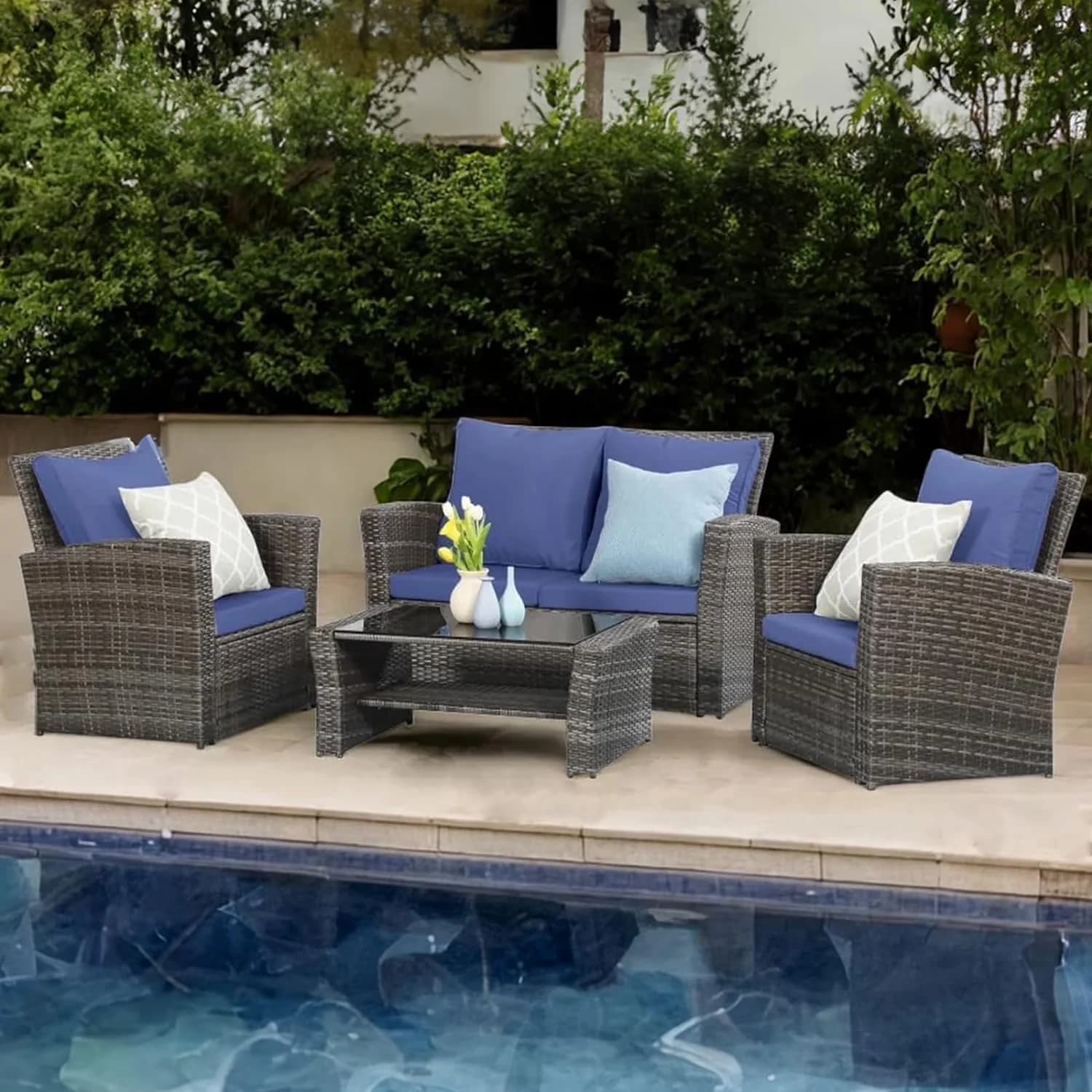 Versatile Patio Conversation Set with Water-Resistant, 4 Piece Outdoor Furniture Sets, Wicker - Blue Wicker Model 3B9911