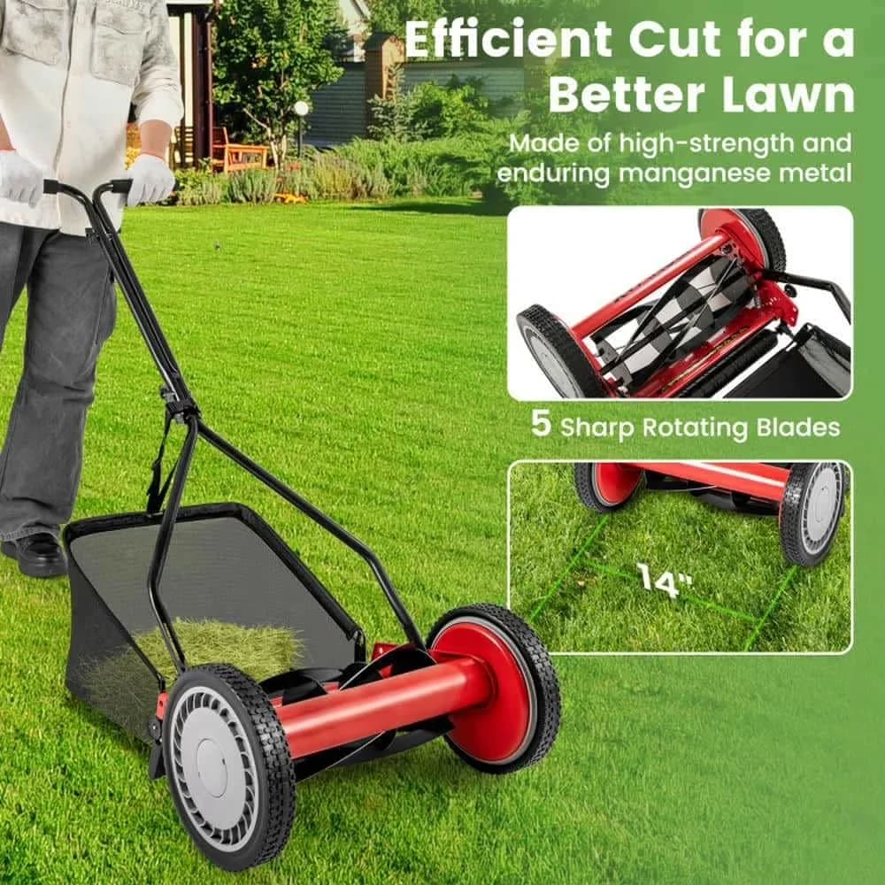 Compact Push Mower with 14 Inch Lawn, 5 Steel Blades and Grass Catcher Bag, Lawn - Red for Outdoor Model A16F3D