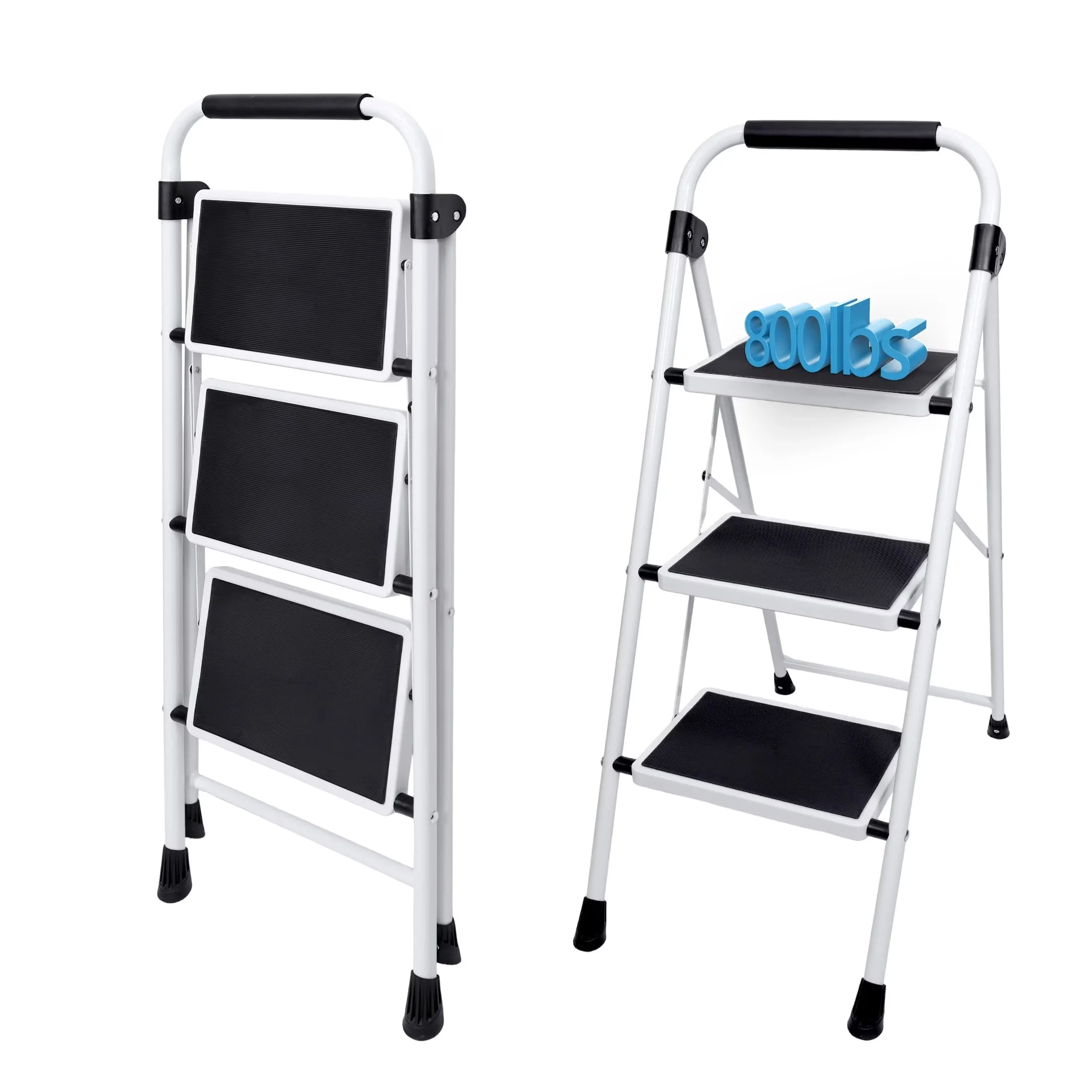 Ladders And Step Stool Compact with Stackable, Foldable - White 3 Step-Iron Treads Model CB732D