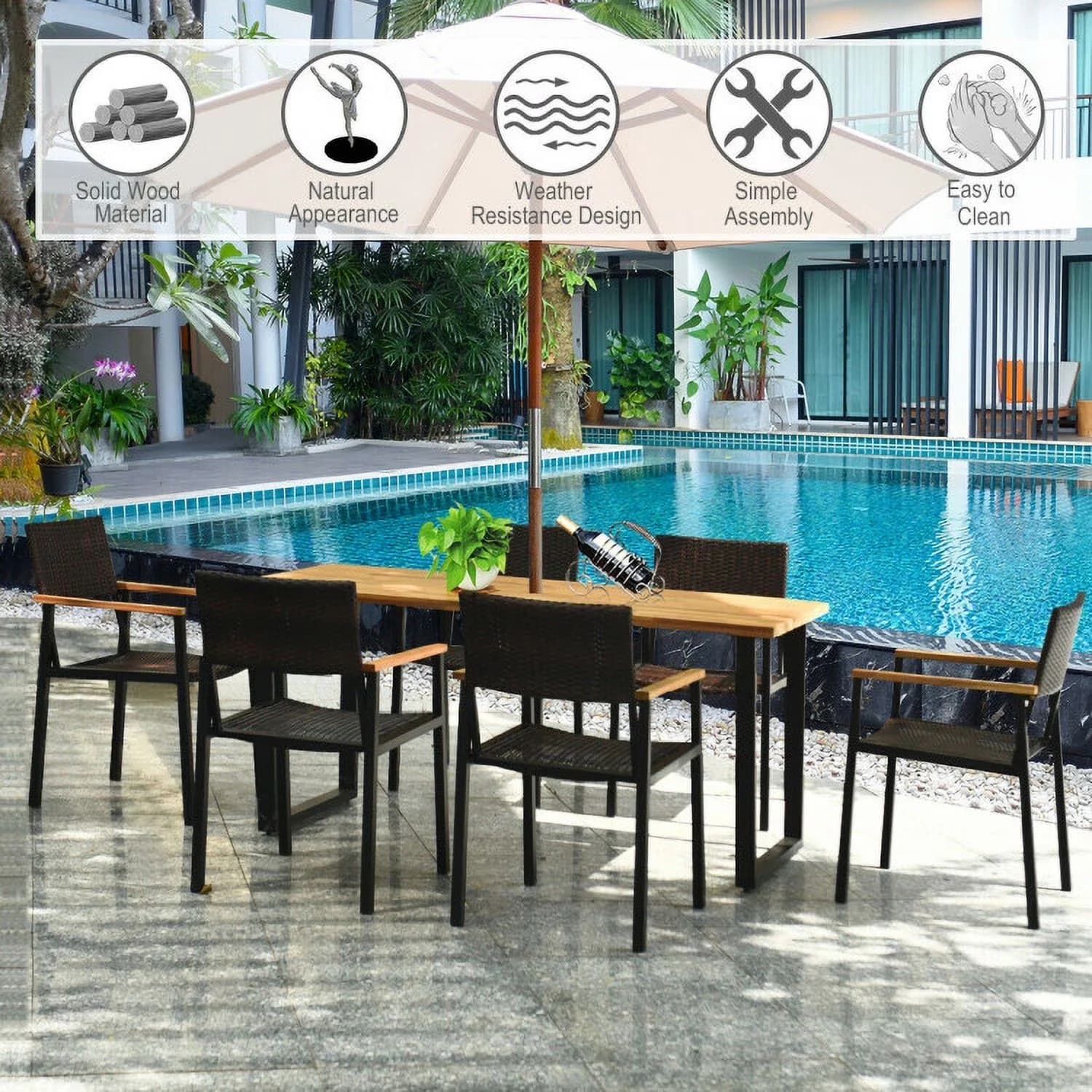 Efficient Patio Dining Set with Modern, Large Acacia Wood Table Top, Table - Acacia Wood, Steel, Rattan Black Model 1754DB
