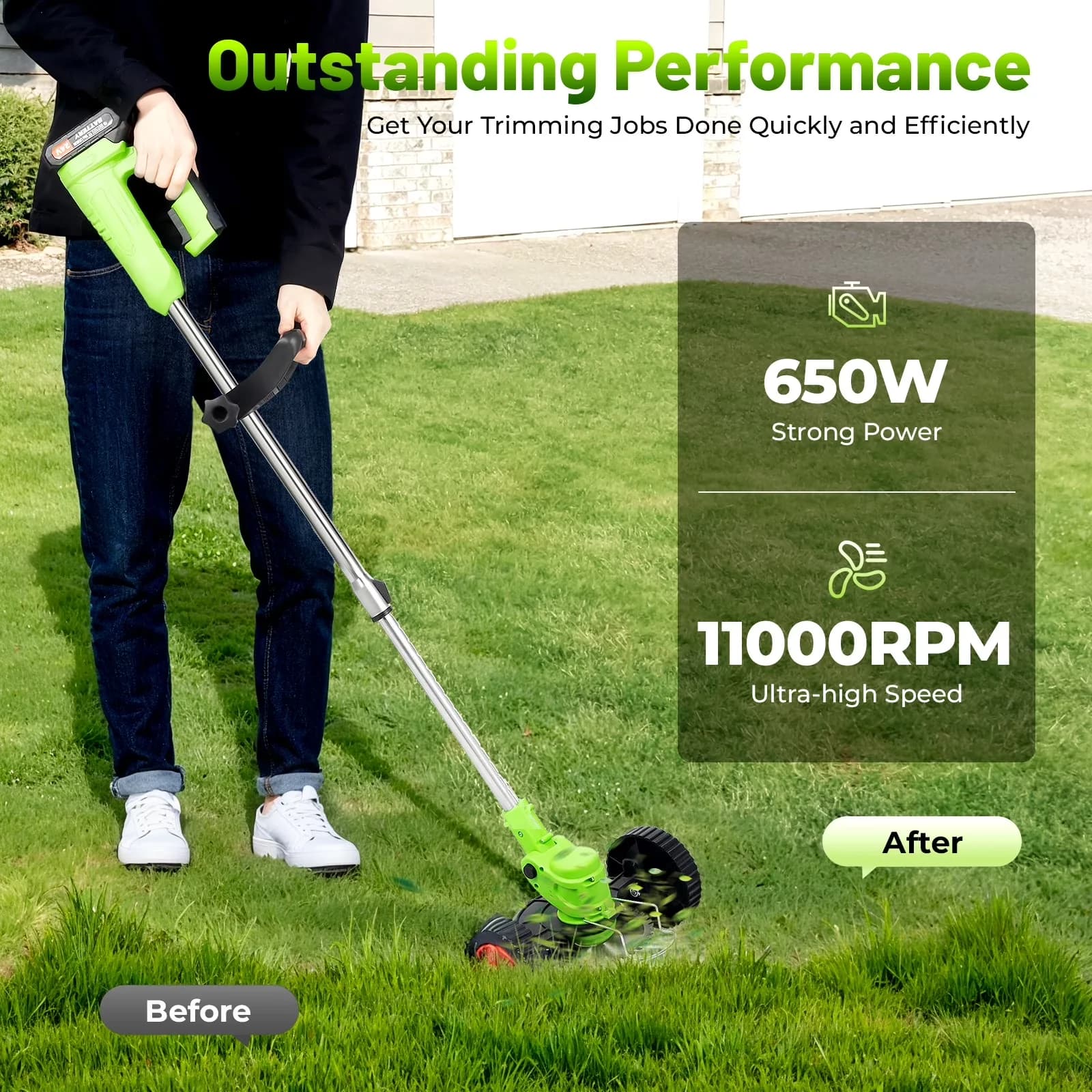 Stylish Push Mower with Battery, 650W, Adjustable Handle Bar - Green - Sleek Profile Model 9DBD05