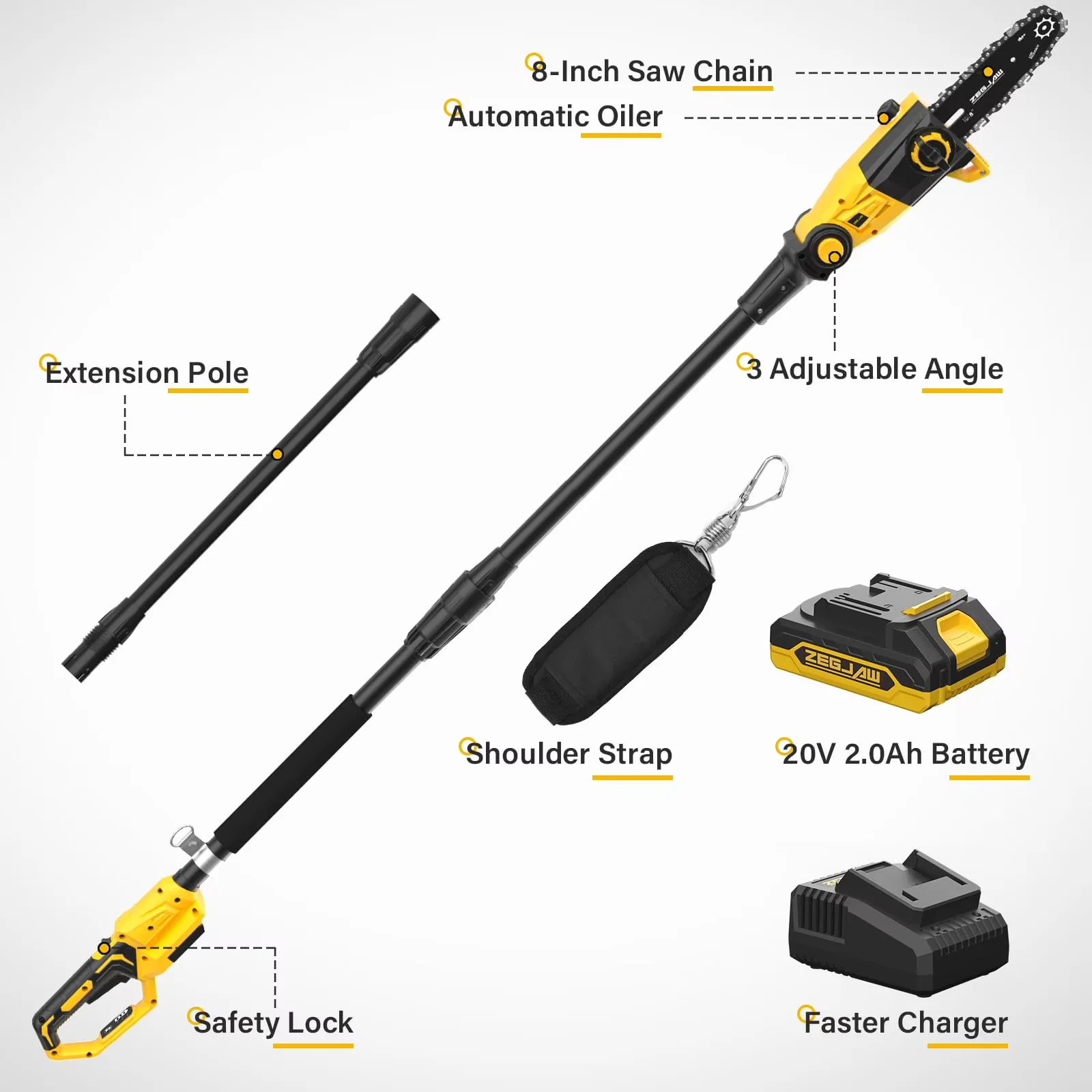Pole Saw Durable with Battery, Automatic Chain Oiler, 8-Inch - 15-FT - Modern Design Model 50D19F