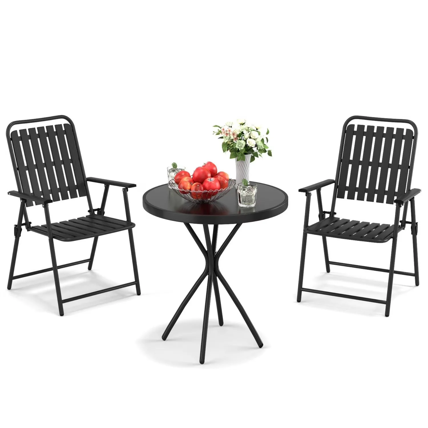 Essential Patio Dining Set with Foldable Chairs & Tempered Glass Table, 3-Piece Outdoor Bistro - Black Fabric,Glass,Metal for Garden Model A225D2