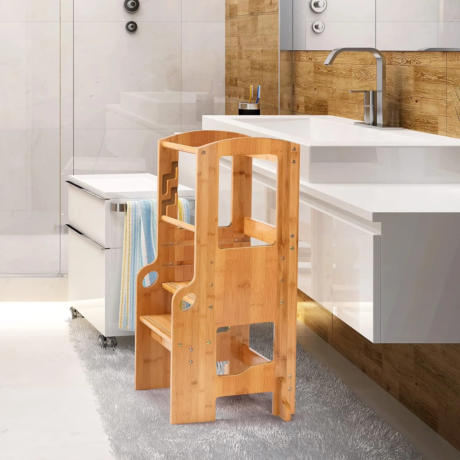 Premium Ladders And Step Stool with Adjustable Height, Anti-Slip - Natural Bamboo, Wood for Kitchen Model CA6DB9
