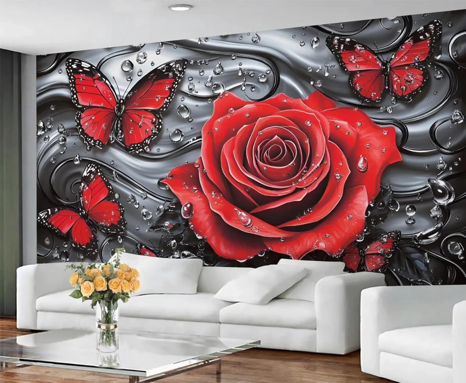 Wallpaper Sleek with Durable, Flower Butterfly Mural, Large Black Red Rose - High-Quality Canvas 55"W x 28"H for Living Room, Bedroom Model DE5617