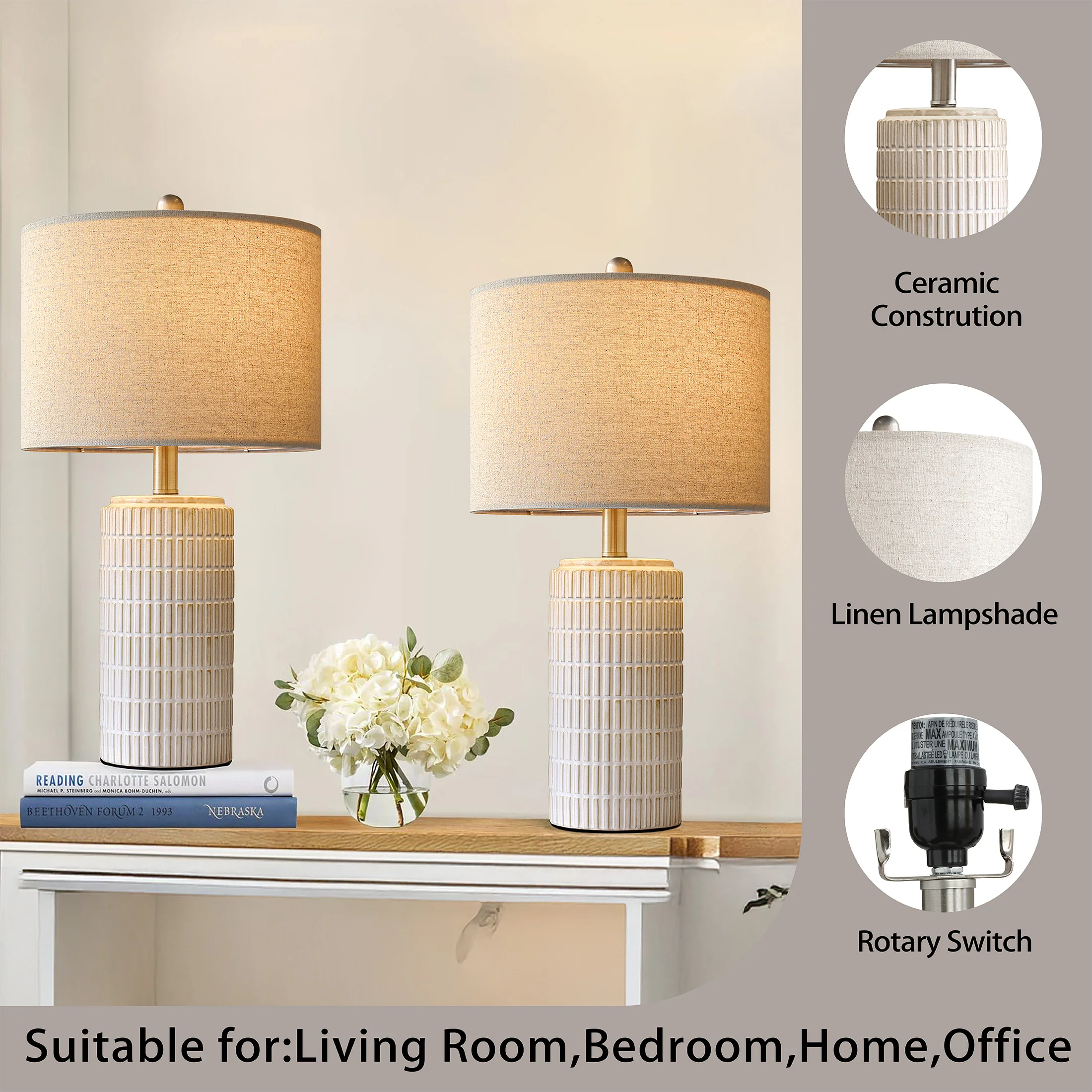 Table Lamp Essential with LED, Modern, White Ceramic Lamps Set of 2 - Ceramic White Model 443C03