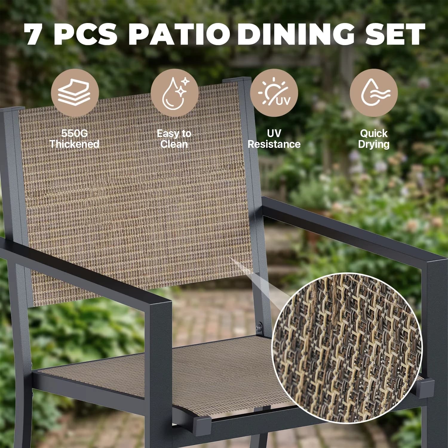 Efficient Patio Dining Set with Modern, 7-Piece, Textilene Outdoor Table and Chairs - Metal Brown Model A373D9