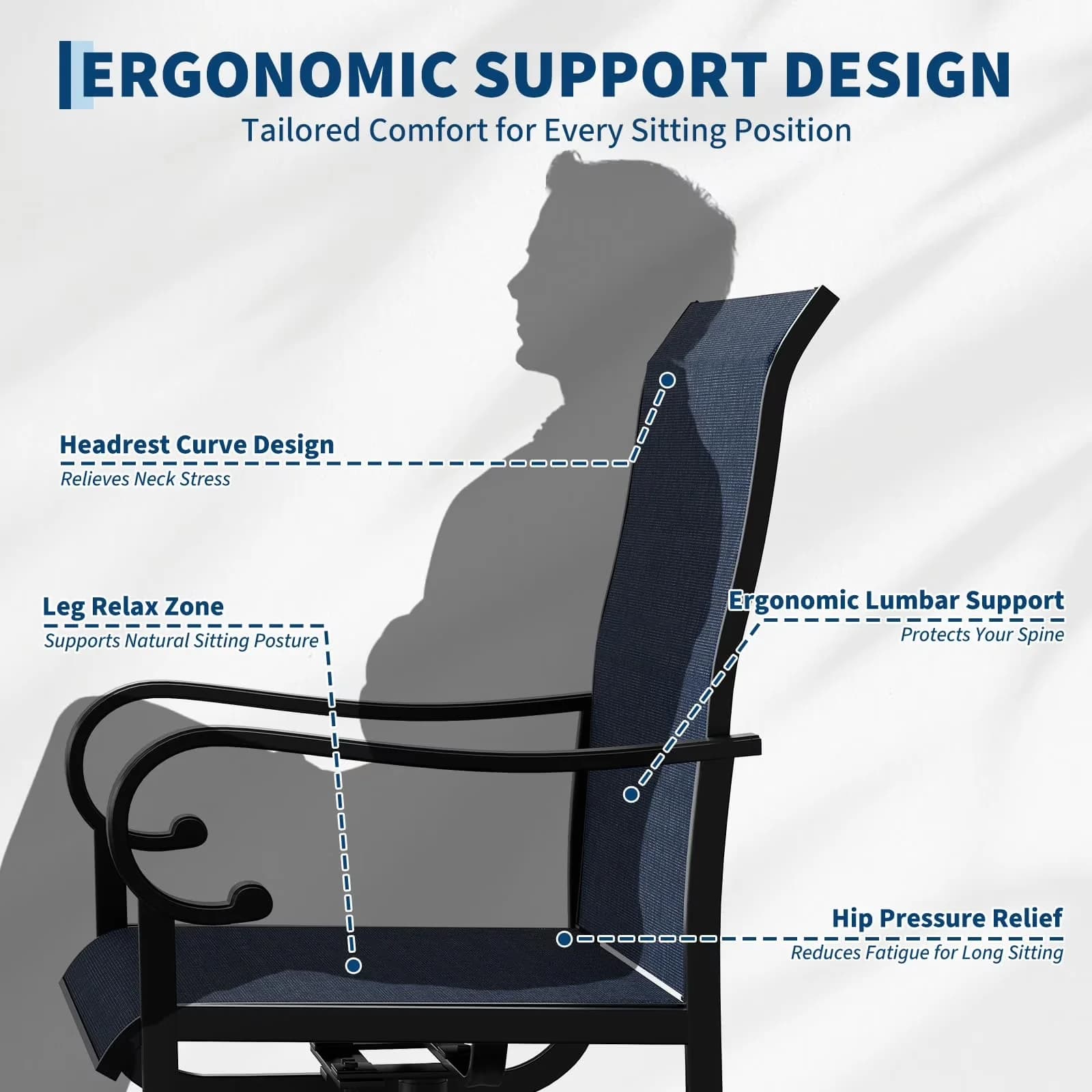 Efficient Patio Chair with All-Weather Navy Blue Textilene, High Back Rocker - Premium Materials Blue Model FADE18