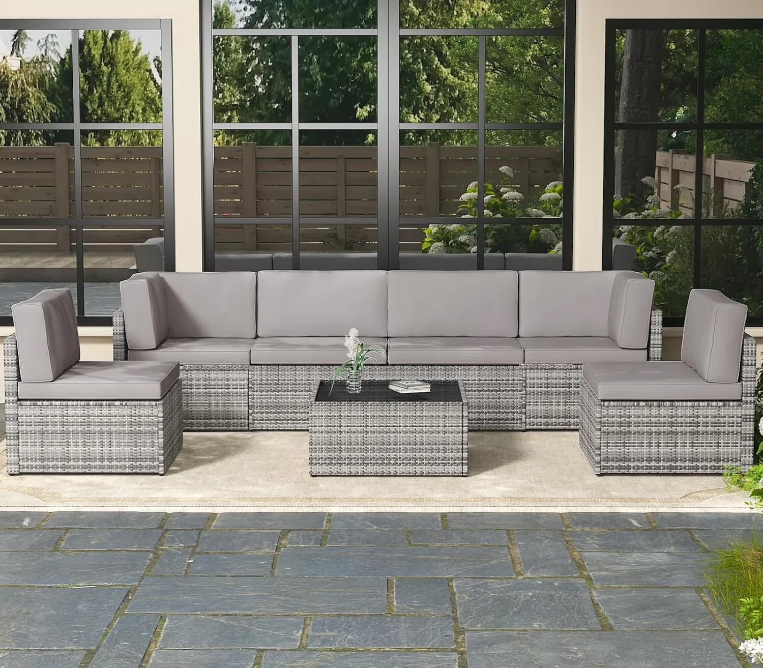 Stylish Patio Conversation Set with Danrelax 7-Piece Furniture on Sale, Table, Cushion color: Gray - Gray Rattan Wicker, Steel Model 2E71C9