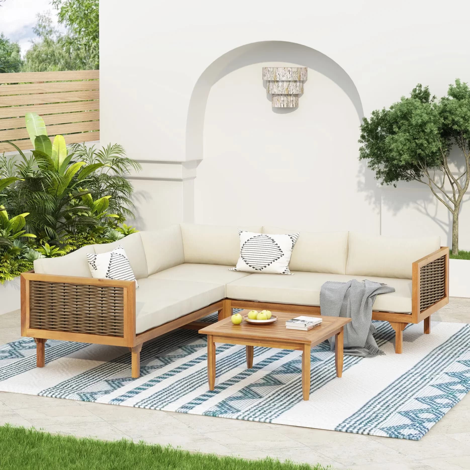 Outdoor Sofas Sectional Modern with Coastal, Product Type:Combo Item - Beige Acacia Wood,Waterproof Fabric,Wicker Model AF5FB6