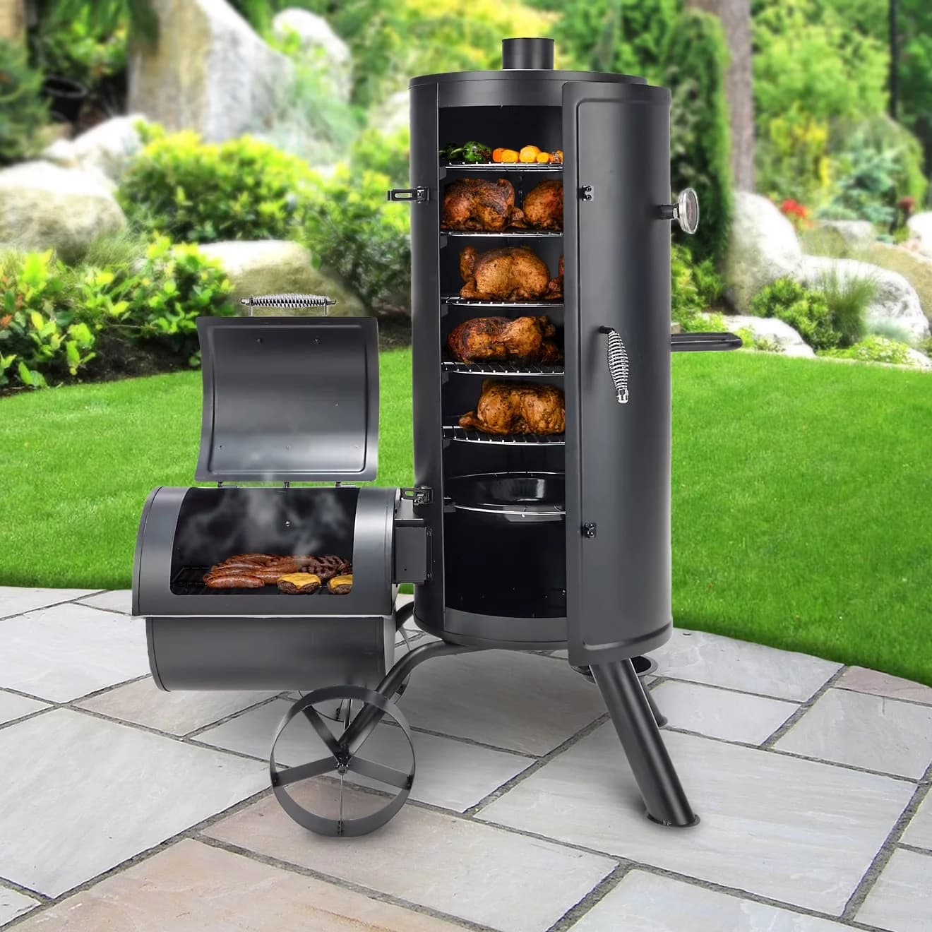 Charcoal Grill Versatile with Offset Firebox, Multi Level Vertical Smoker and - Steel Black Model E0366A