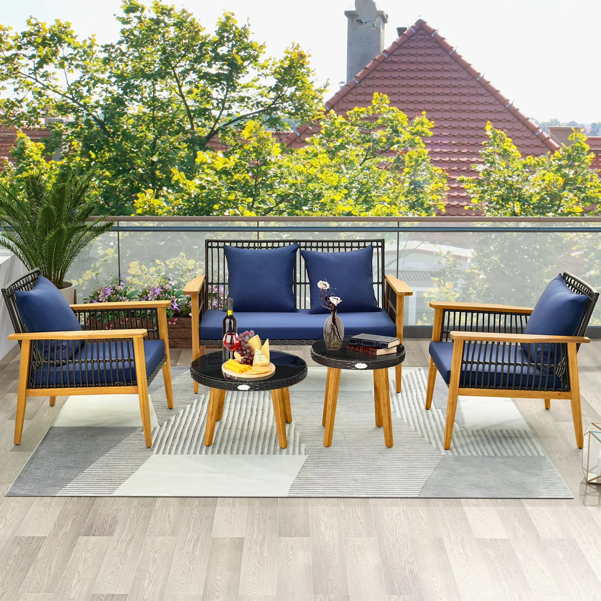 Essential Patio Conversation Set - Pe Rattan, Metal, Acacia Wood, Polyester, Sponge, Tempered Glass Navy Model D03779