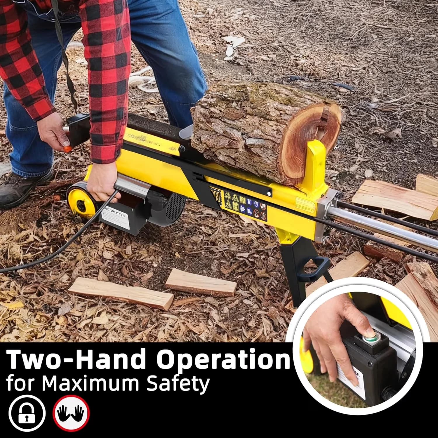 Logsplitter Efficient with Wheeled, 7 Ton Electric Log Splitter, 15Amp Hydraulic Portable Wood Splitter - Yellow for Home, Garage Model 3E4E05