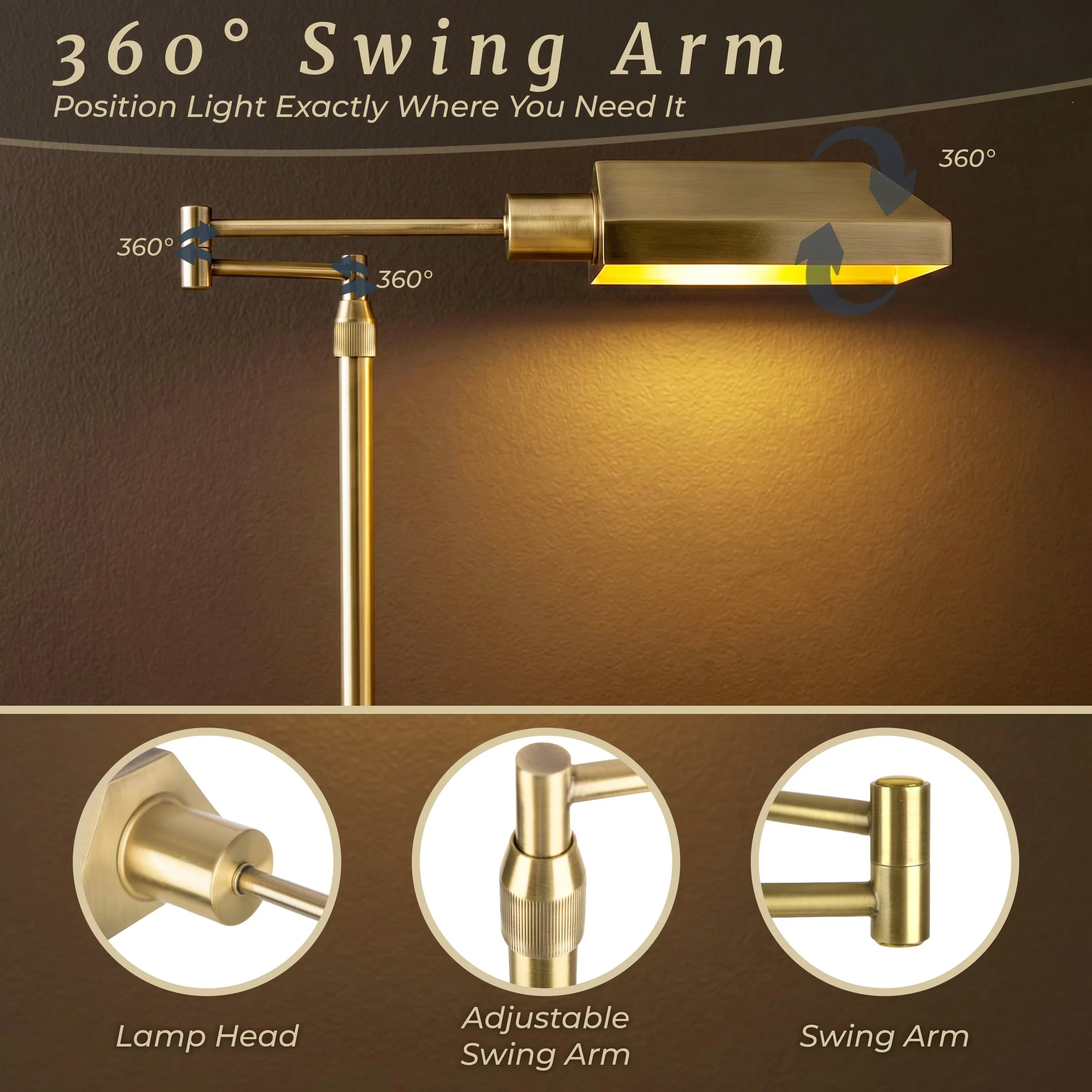 Durable Floor Lamp with LED, Industrial, Swing Arm Lamps - Gold Metal Adjustable Model DD6242