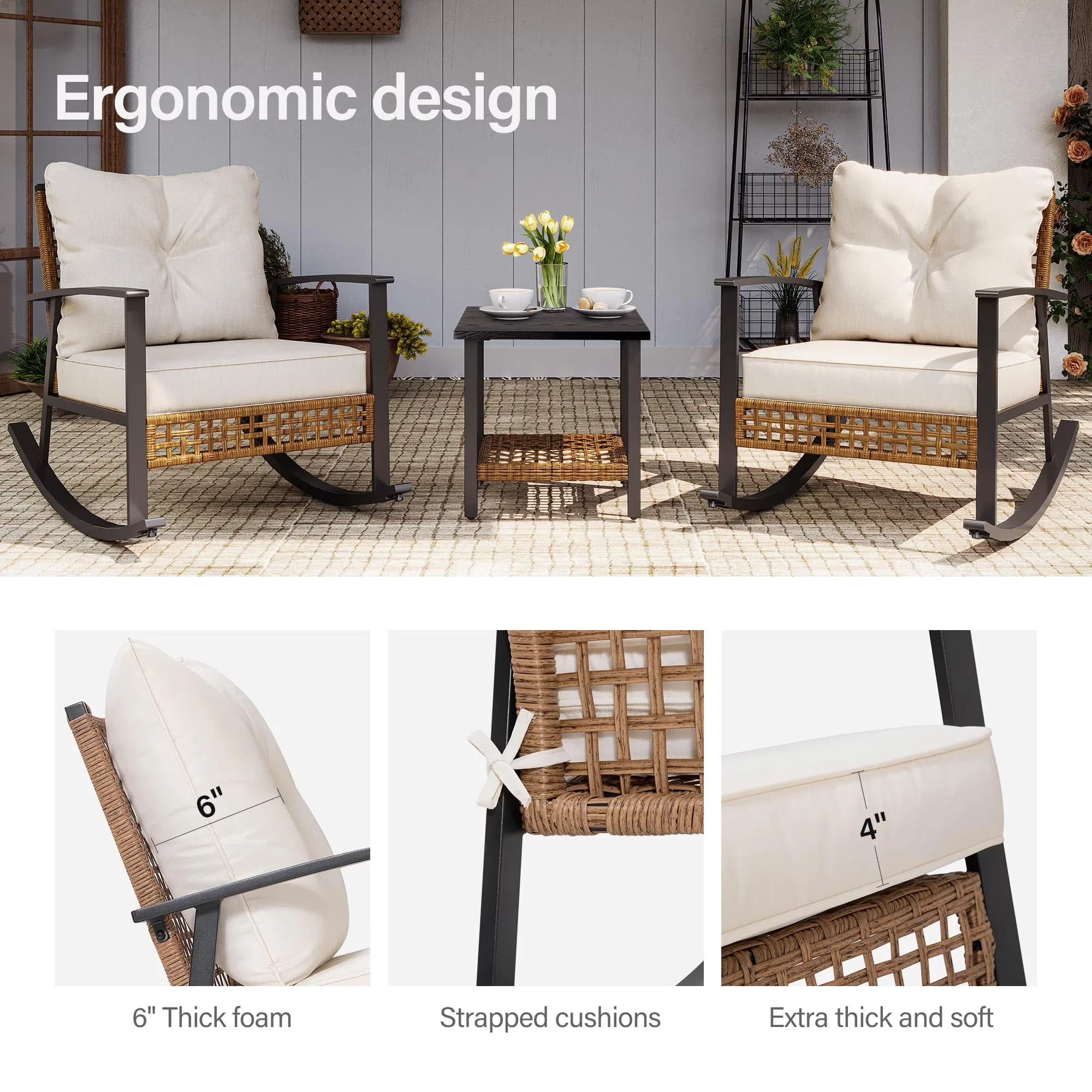 Patio Conversation Set Durable with Weatherproof, Beige Cushions & 2-Tier Coffee Table, 3-Piece - Beige Metal, Pe Wicker for Patio Model 8D9868
