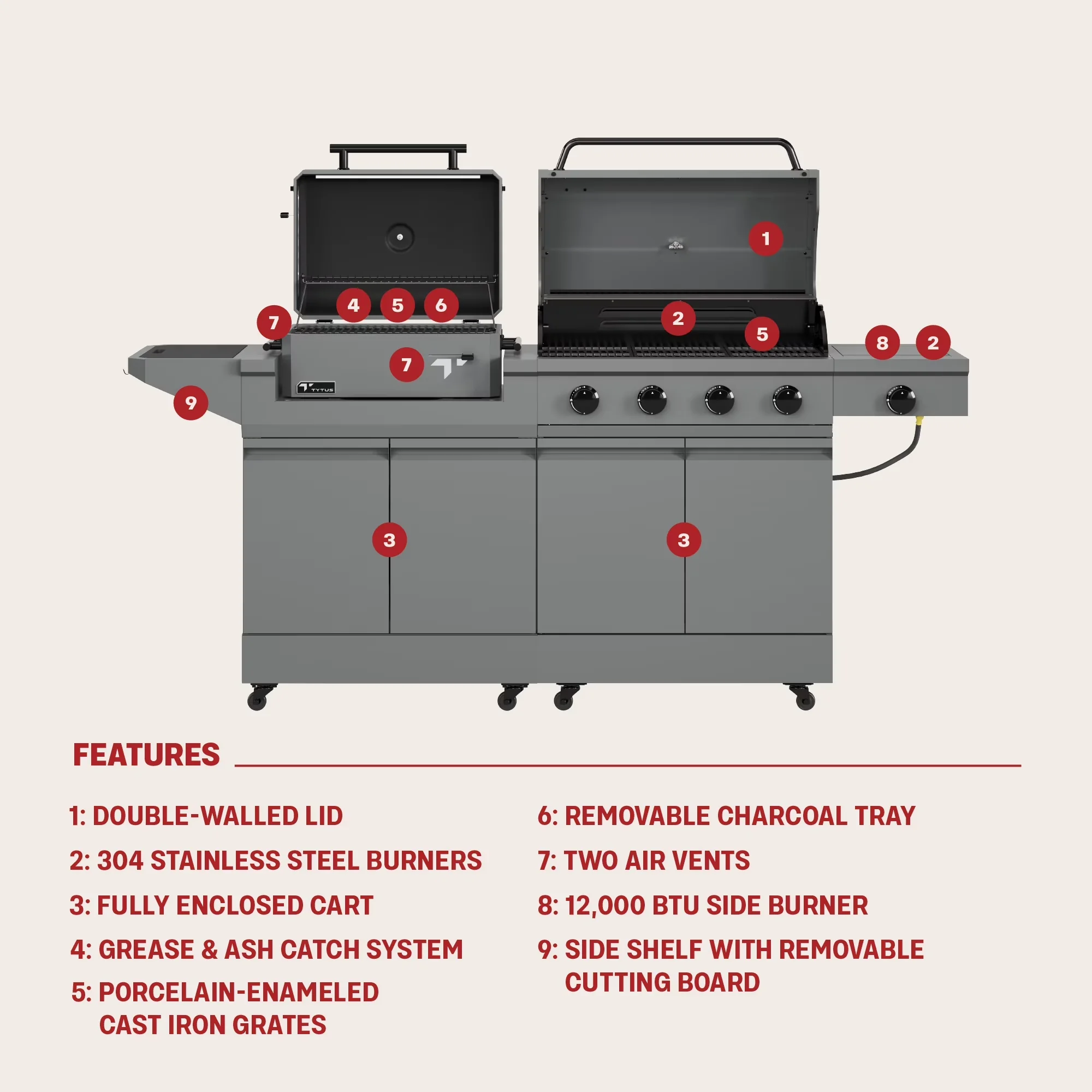 Innovative Combo Grill with Adjustable Air Vents, Warming Rack, Tool Holder - Powder Coated Steel Gray Model 5DD2C0