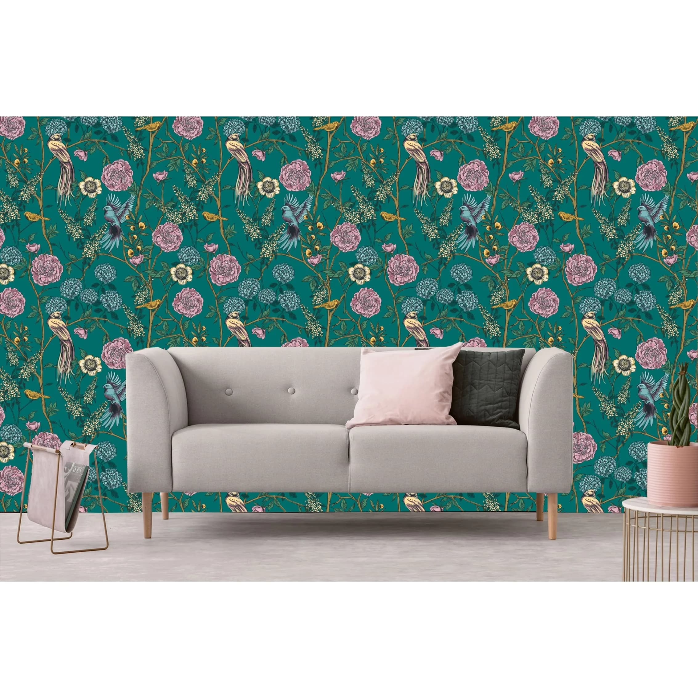 Stylish Wallpaper with Removable, Pine Floral and Birds, Removable Peel and Stick - Vinyl Green Model 9A3285