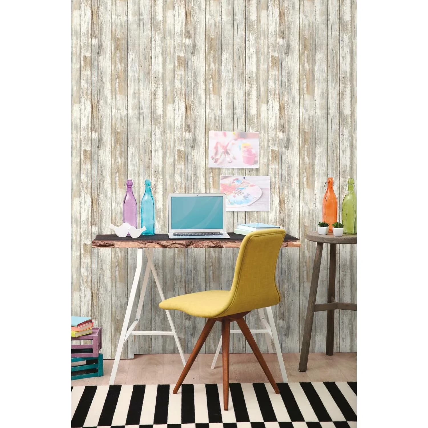 Innovative Wallpaper with Durable, Removable, Tan Woodplank Peel and Stick - White Vinyl Model B626BA