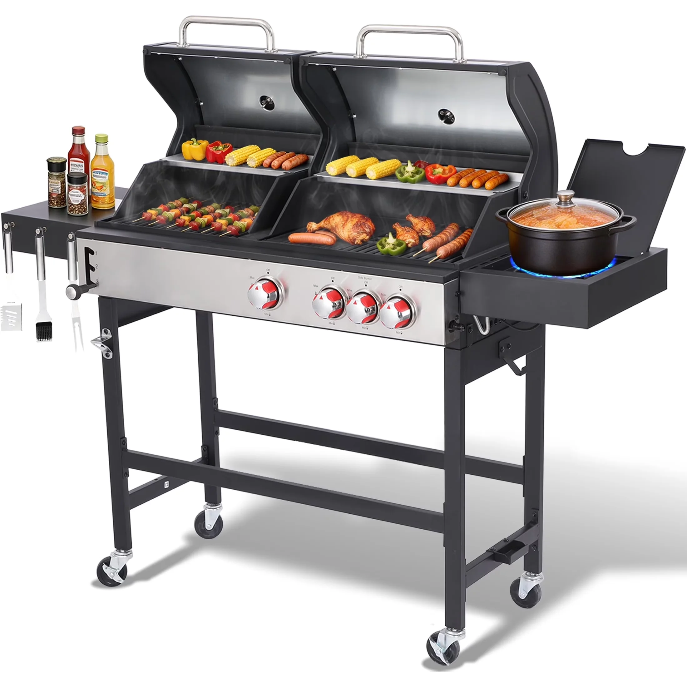 Combo Grill Compact with 39000 BTU, Adjustable Charcoal Tray - Silver Metal, Cast Iron, Stainless Steel for Outdoor Model F31470