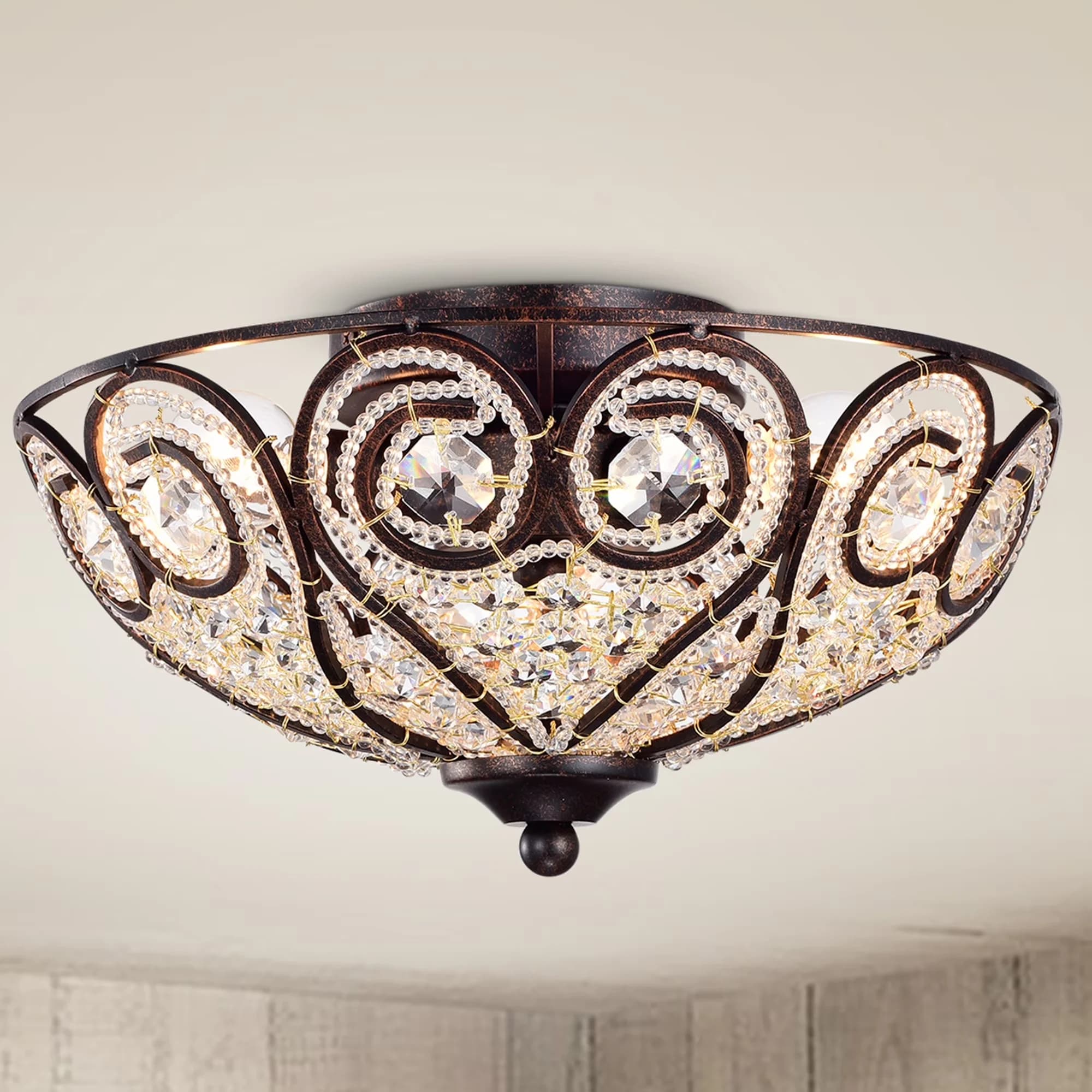 Sleek Ceiling Lights Fixture with LED, Rustic/Lodge, Heart Scroll Crystal Shade - Bronze Metal Model 0CB17A