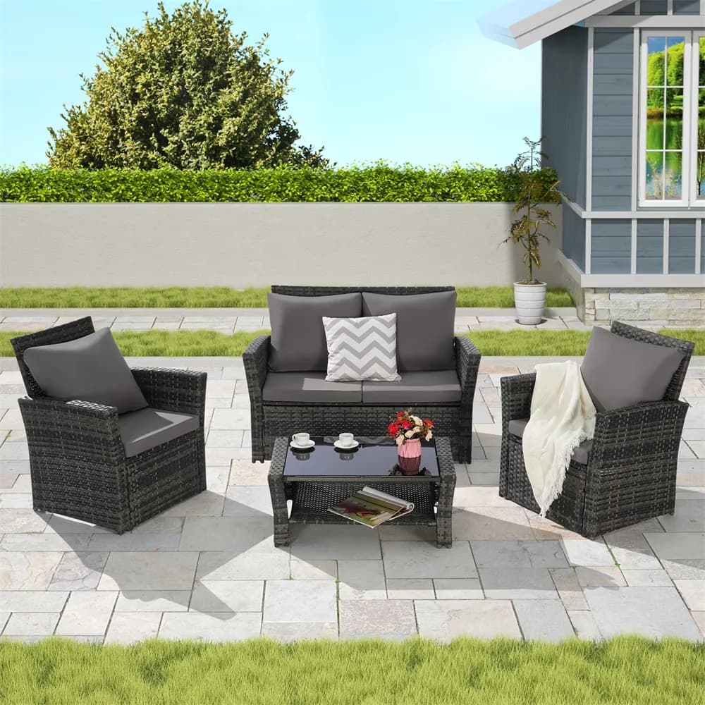 Patio Conversation Set Stylish with Weatherproof, Cushion, Outdoor Furniture - Gray Pe Rattan+Iron+Waterproof Fabric for Garden Model 07C68F