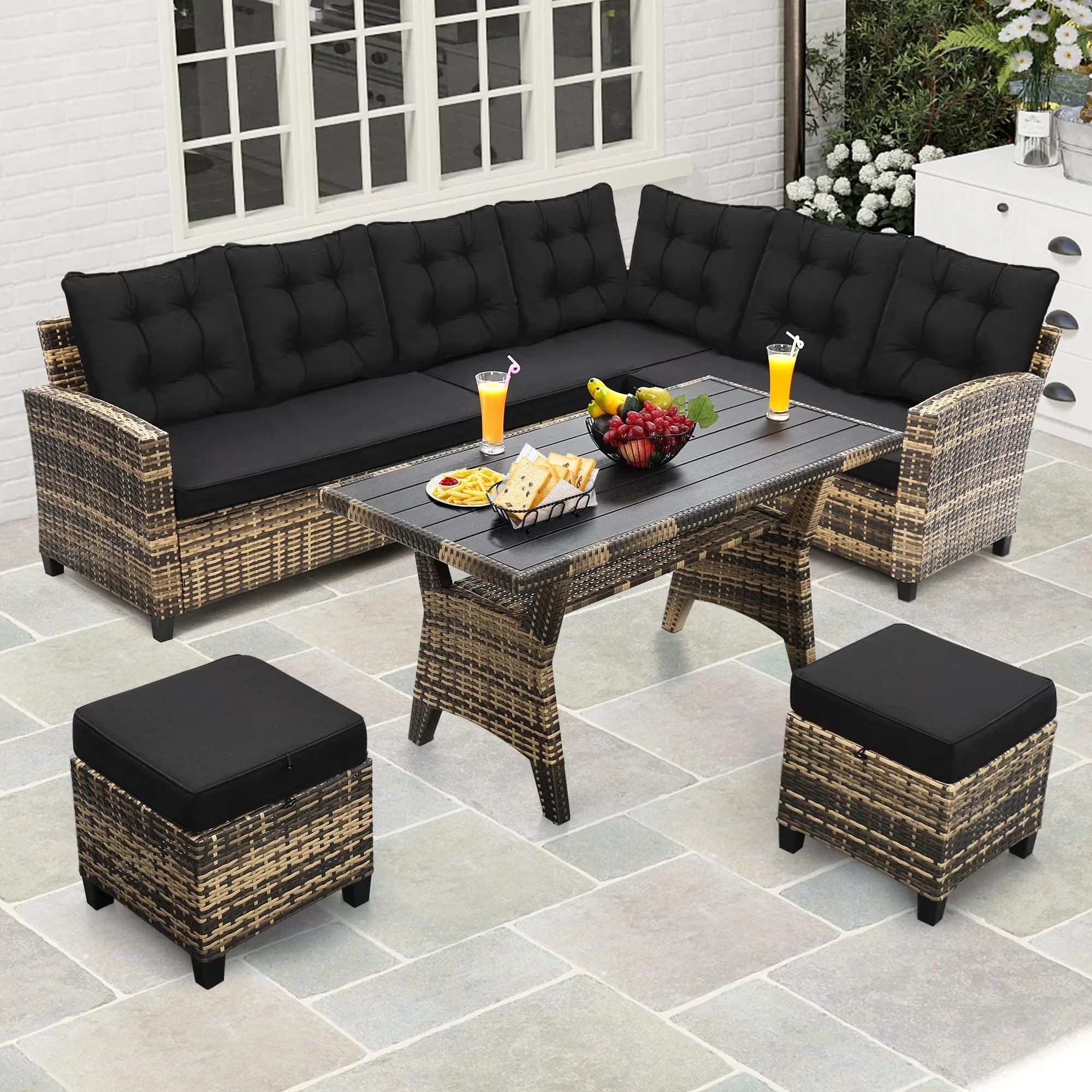 Outdoor Sofas Sectional Essential with Weatherproof, 1 Table, Patio Conversation Furniture - Wicker Black for Garden Model 1C5513