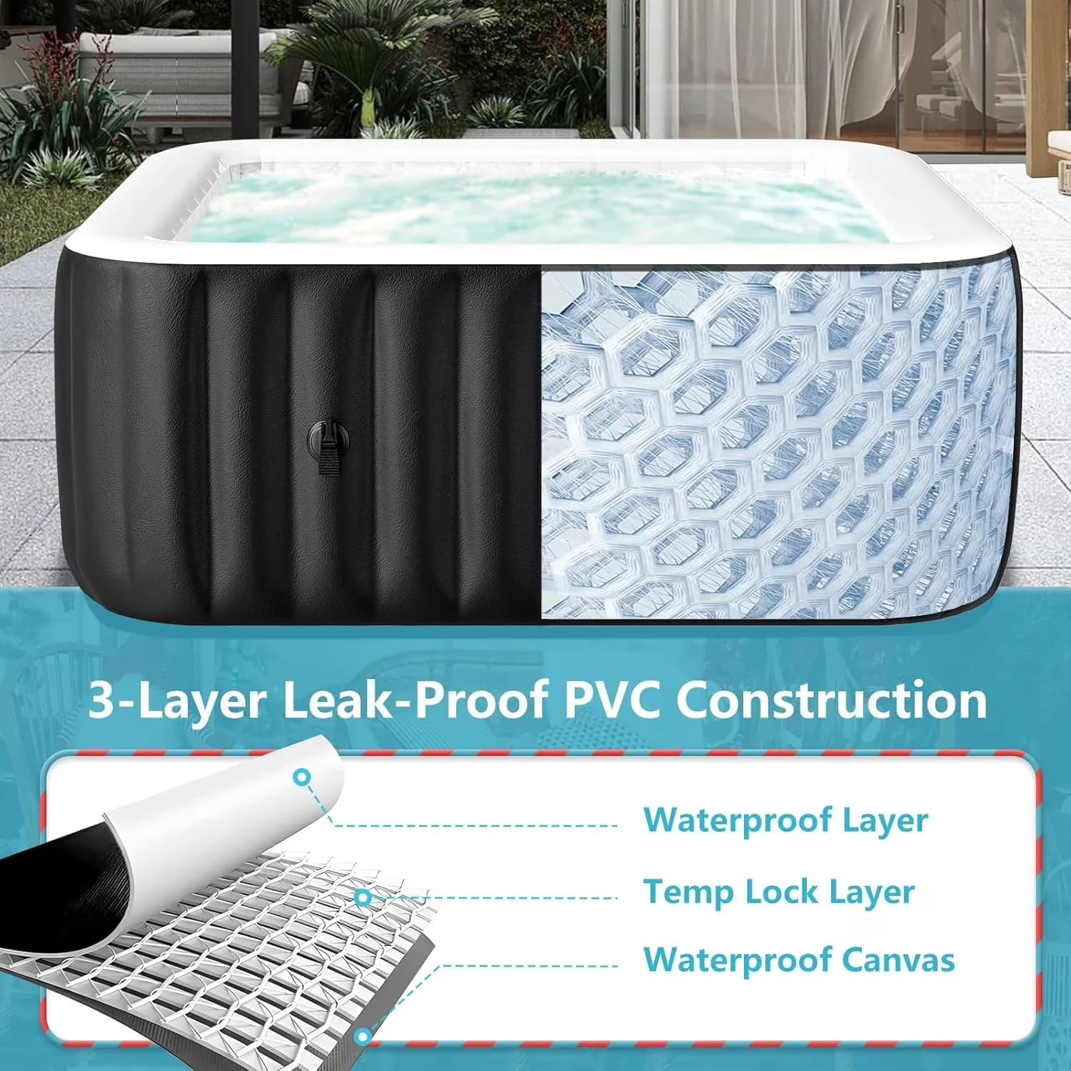 Durable Hot Tub with Inflatable, Energy Efficient, Inflatable 57"X 57"X 25" - Black Model 80D101