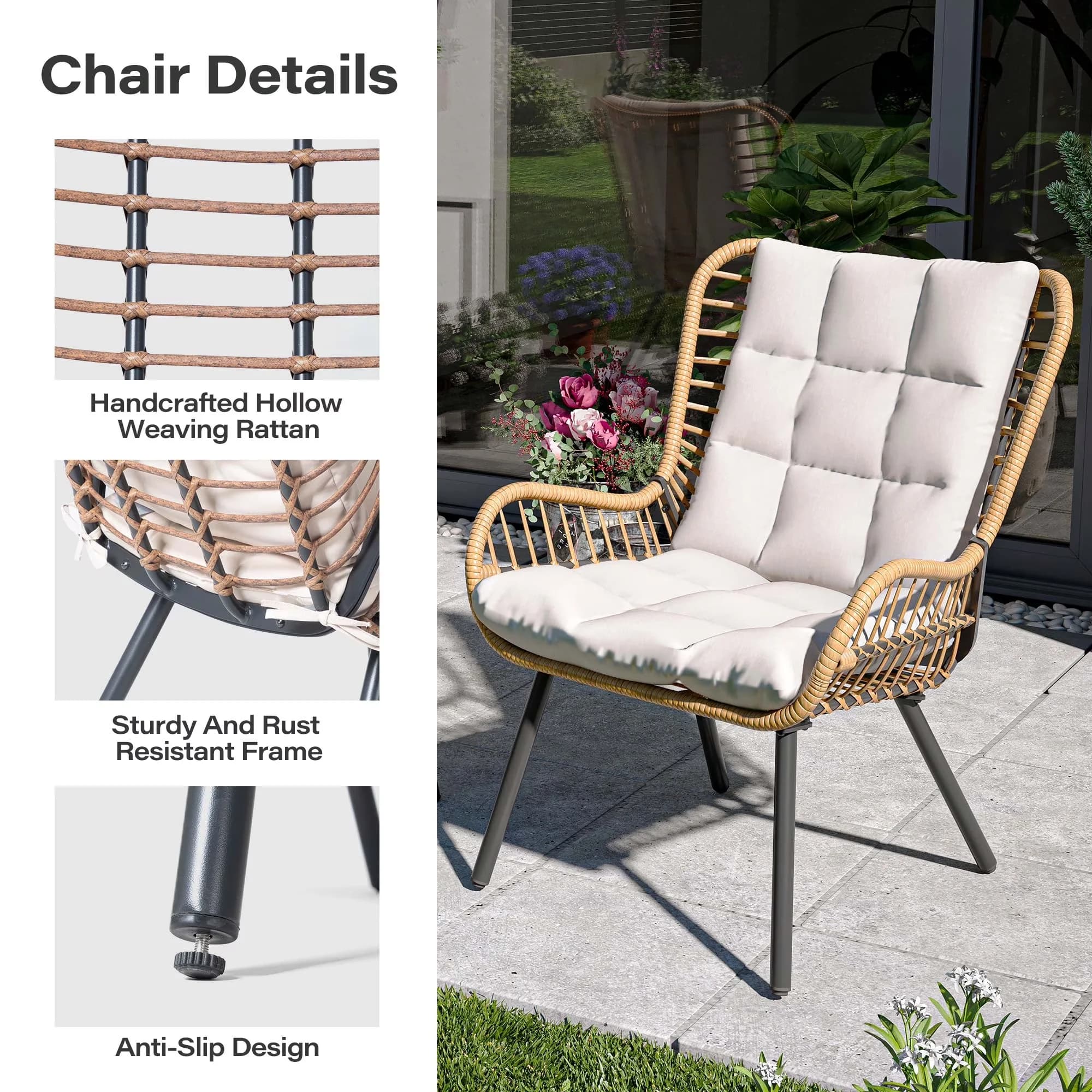 Versatile Patio Conversation Set with Weatherproof, High Back Outdoor Bistro - Steel, Pe Rattan, Polyester Beige for Garden Model C2B1CA