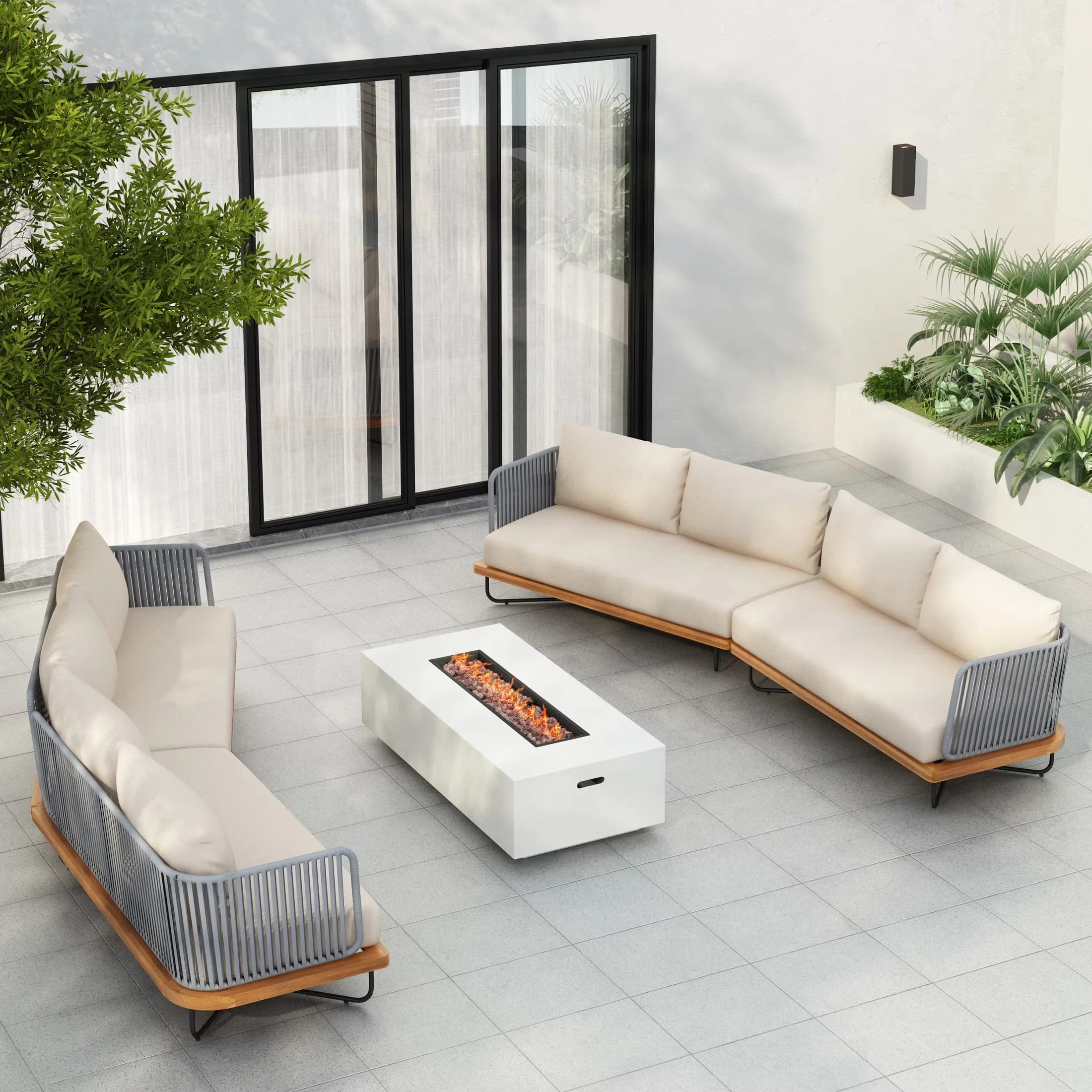 Innovative Outdoor Sofas Sectional with Water-Resistant, Mid-Century, Modern - Acacia Wood + Water Repellent Fabric + Iron + Rope Brown Model 3F0B61