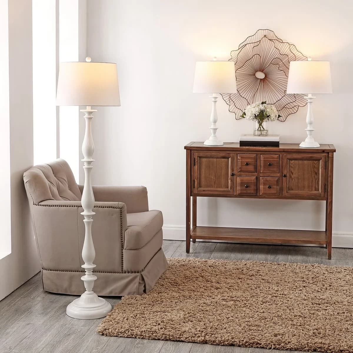 Professional Lamp Set with LED, Farmhouse, Bessie Classic Floor and Table Lamps - White Plastic Model 0ECD43