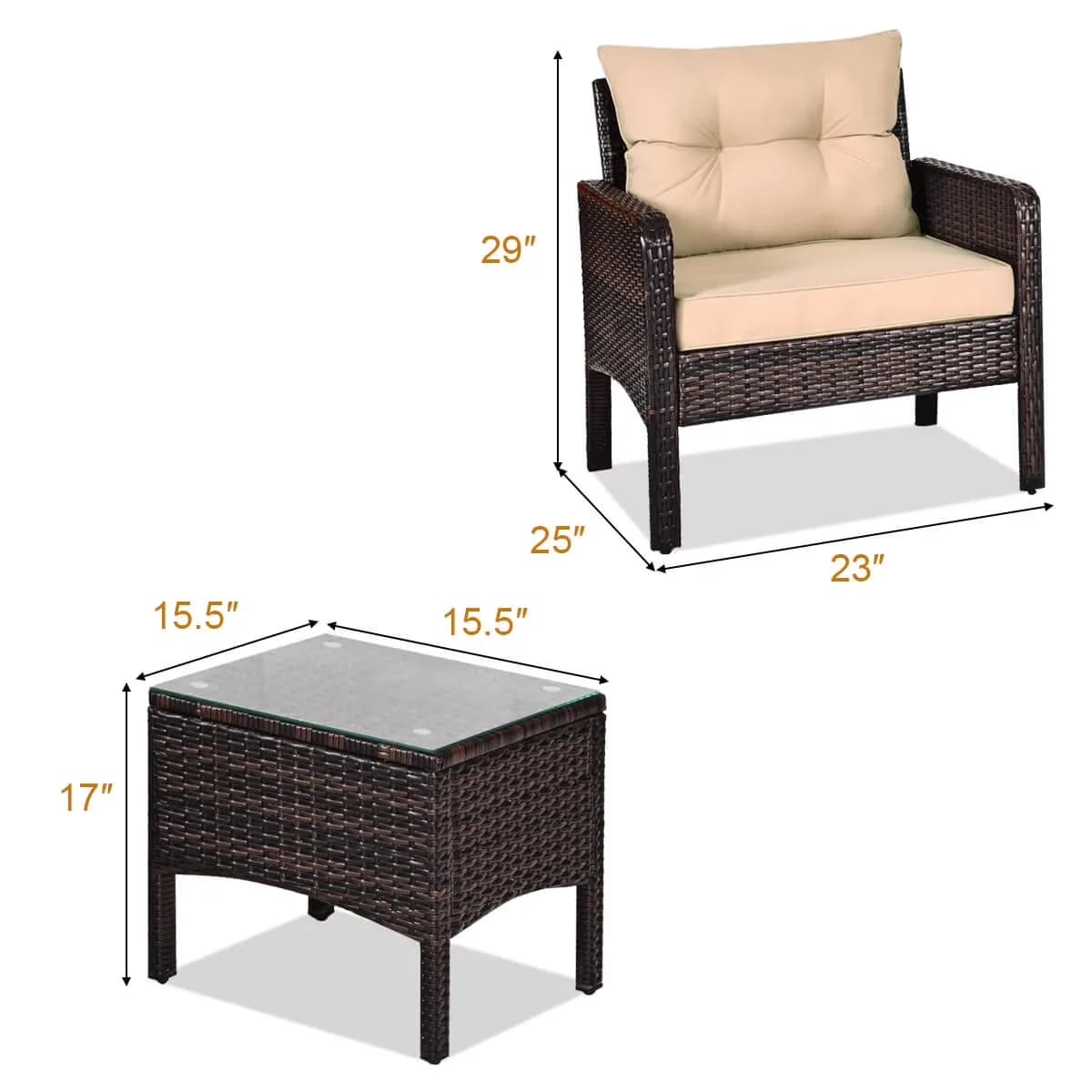 Reliable Patio Conversation Set with 3 PCS PE Wicker Furniture - Brown Pe Rattan, Metal, Tempered Glass, Polyester, Sponge Model 8A2C1F