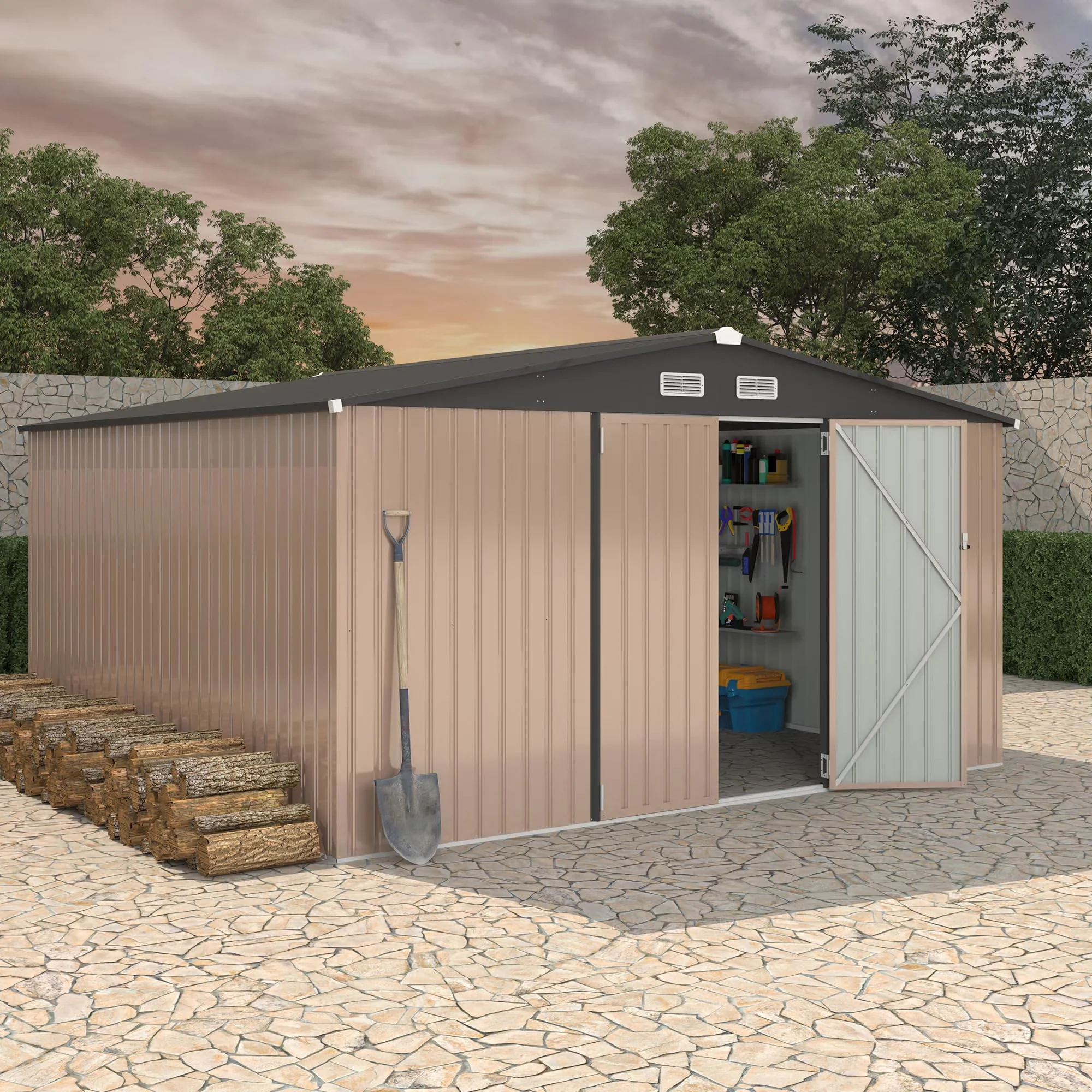 Durable Shed with Lockable Door, Metals Utility Buildings With Air Vent, 12x12 FT Metal Storage Sheds Outdoor - Brown Metal Model 2AA657