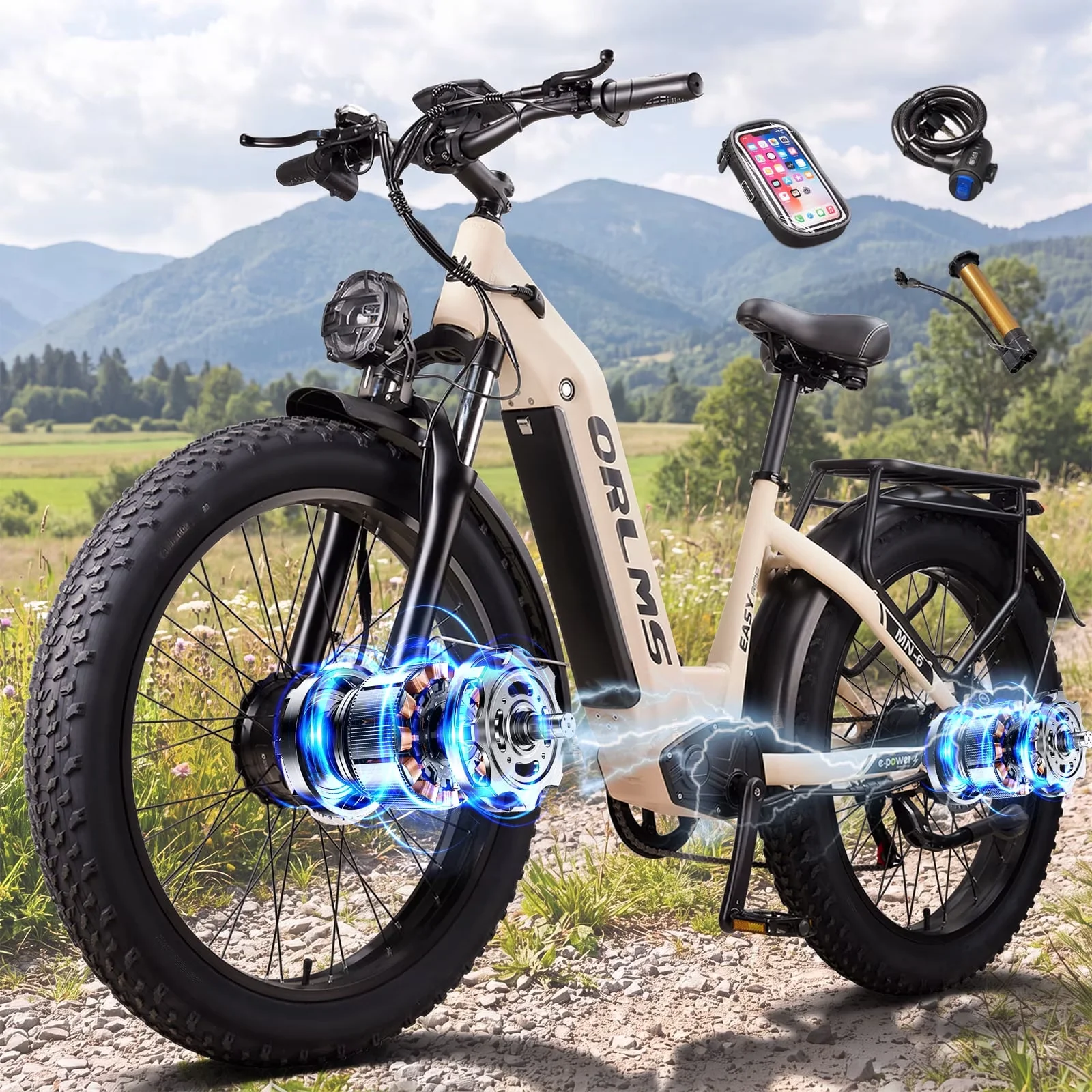 Efficient Electric Bike with Battery, 8000W, 52V - Beige - Durable Build Model 7D911C