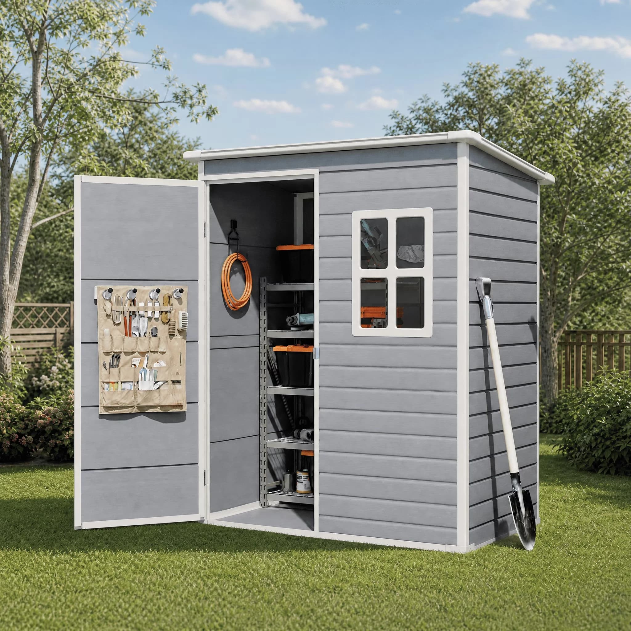 Compact Shed with Molded Base, Translucent Window & Lockable Door, Gray Recycled Resin Outdoor Storage - Gray Resin Model 08F6F2