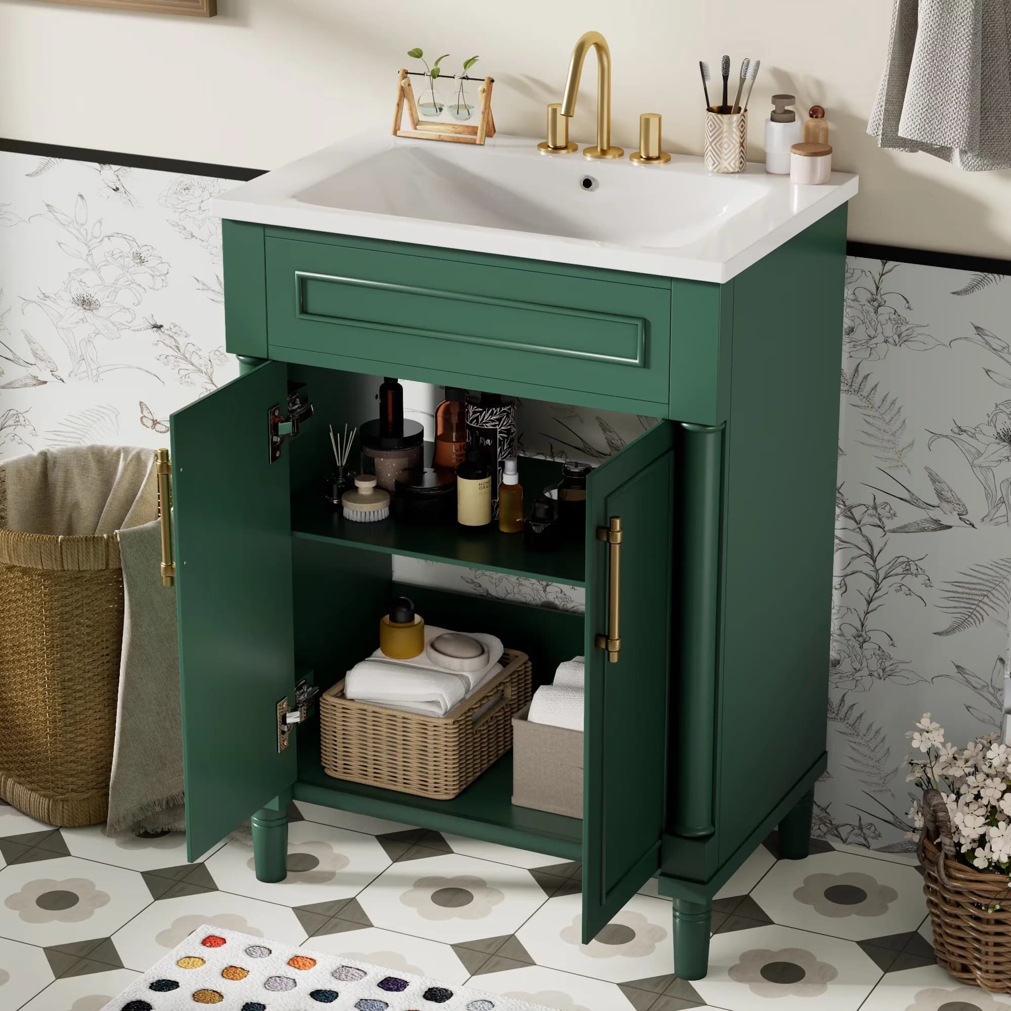Quality Bathroom Renovation with Green, storage Cabinet, 24" Small Vanity - Model B9C5A4