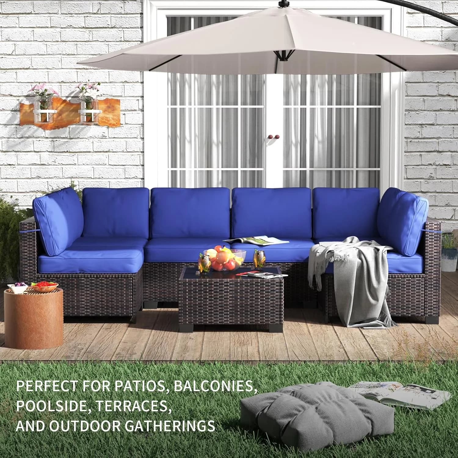 Patio Conversation Set Classic with Funiture 7 Pieces Outdoor Rattan, Glass Top Table Brown + Navy - Blue Aluminum Model 37577D