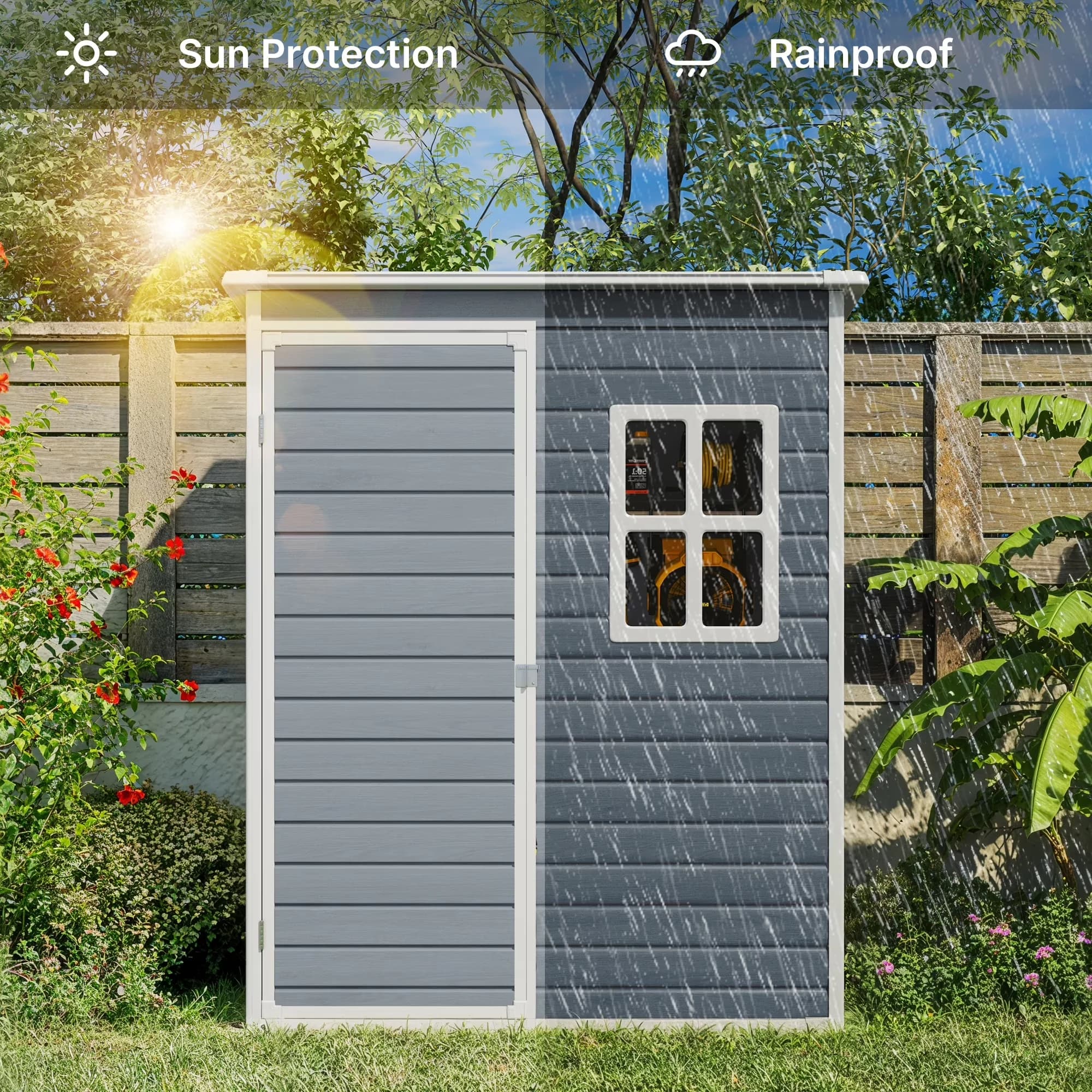 Compact Shed with Molded Base, Translucent Window & Lockable Door, Gray Recycled Resin Outdoor Storage - Gray Resin Model 08F6F2