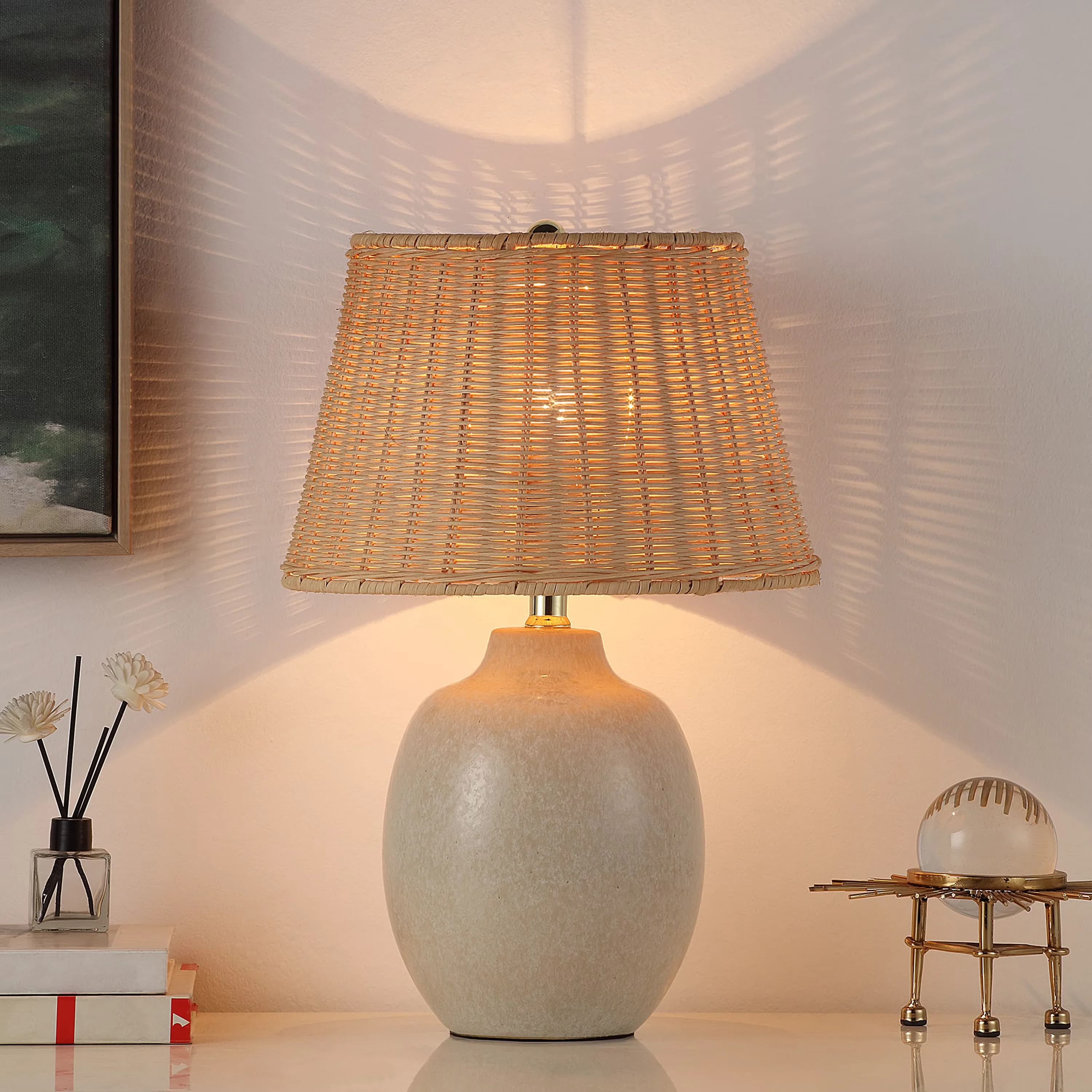 Durable Table Lamp with Incandescent, Standard Lamps, Traditional - Beige, Brown, Multicolor Ceramic, Rattan, Iron, Plastic Model 488C74