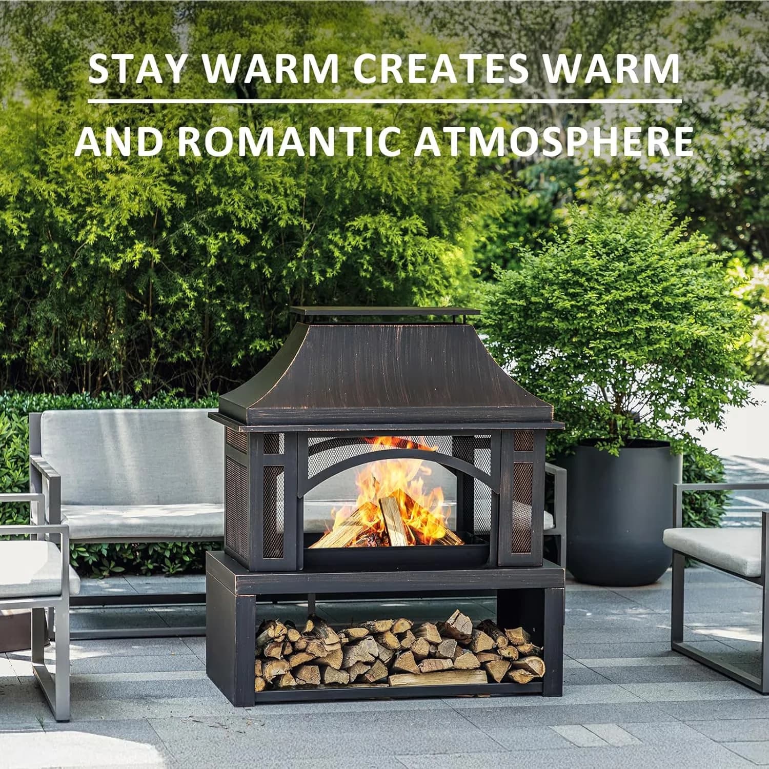 Essential Outdoor Heating with 39" Fire Pits, Wood Storage - Steel Antique Model 022A19