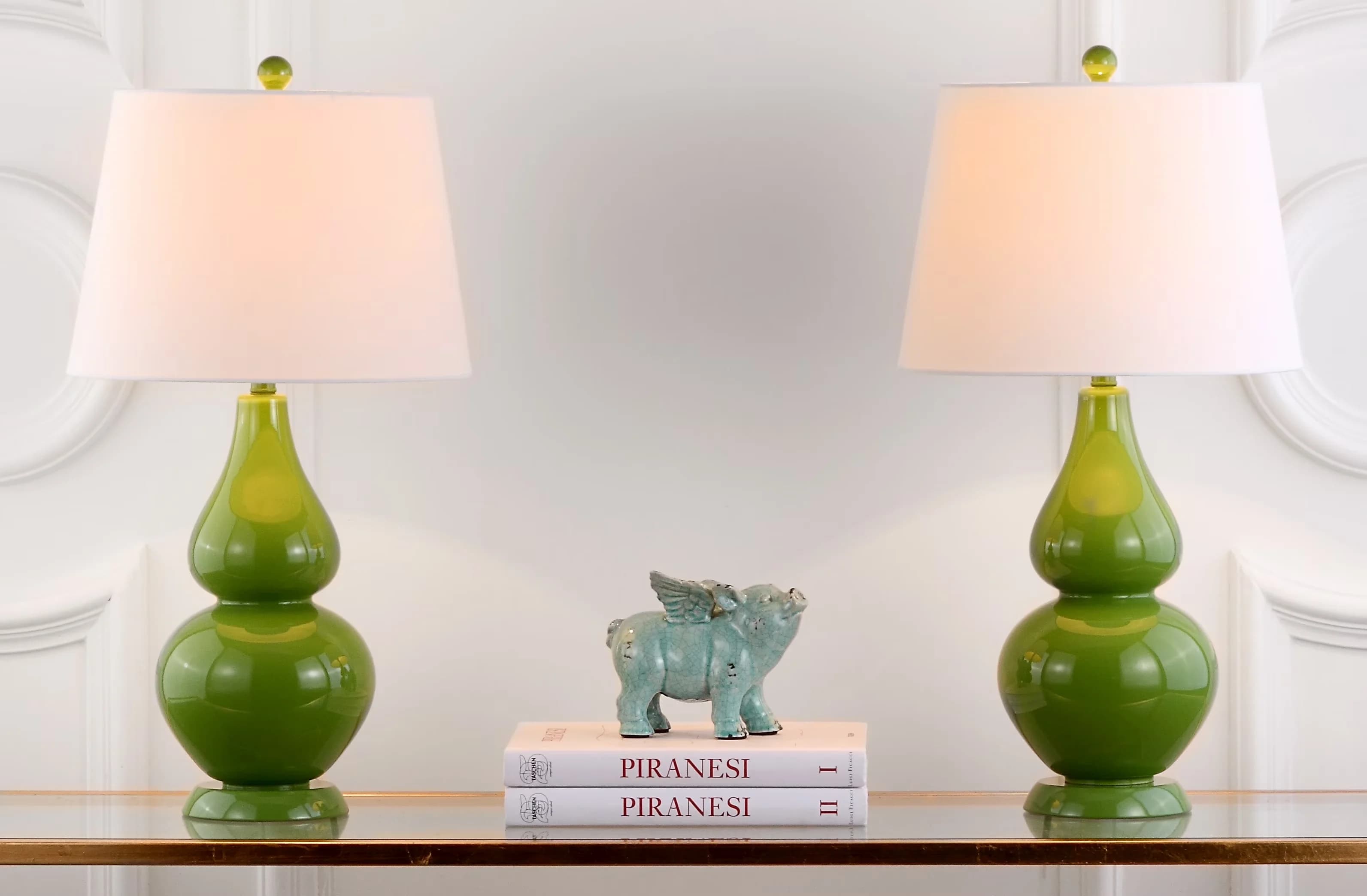 Lamp Set Compact with Contemporary, Off-White Cotton Shade - Glass Green Model 6E8F36