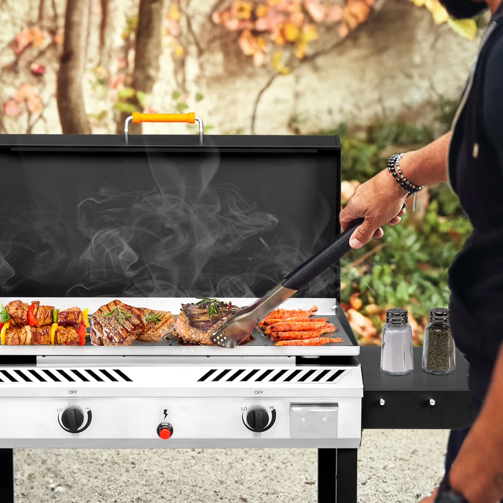 Sleek Flat Top Grill with 150000 BTU, Storage Rack, Lid - Black Cast Iron Model F588F1