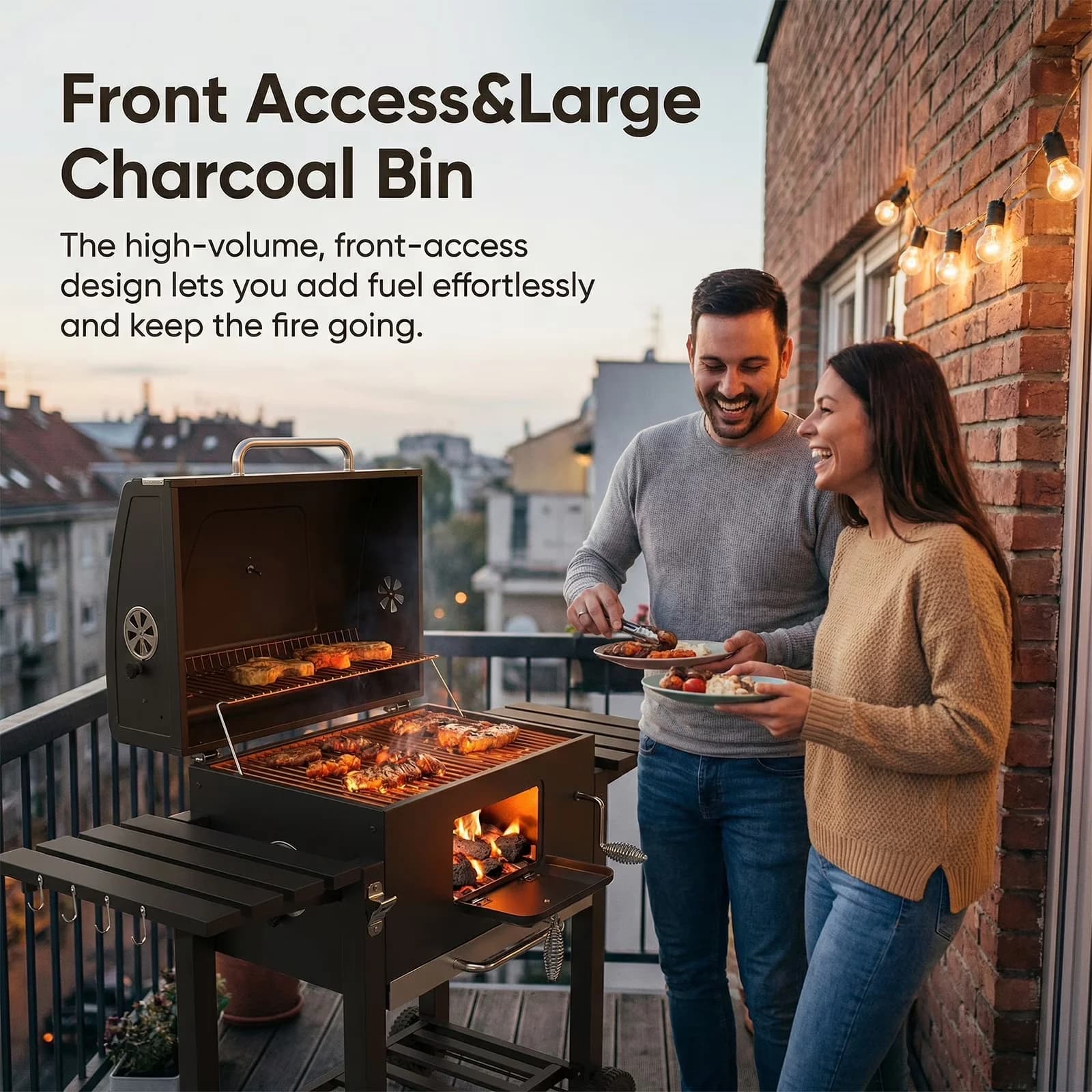 Versatile Charcoal Grill with Foldable, Heat Thermometer, Portable - Black Stainless Steel for Outdoor, Picnic Model B2F468