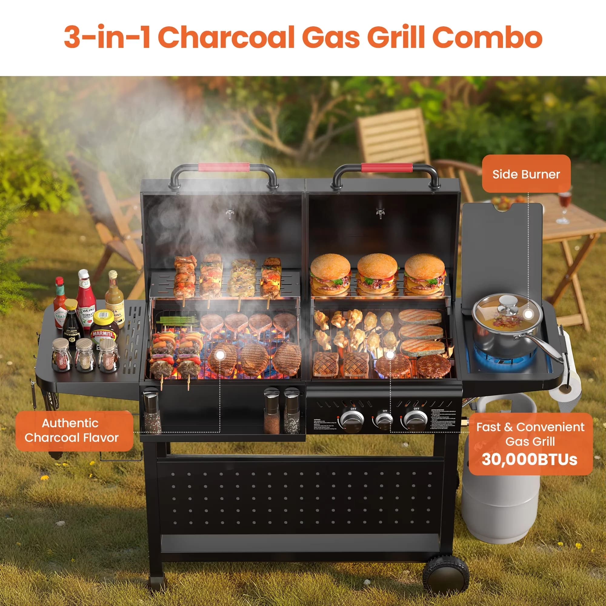 Innovative Combo Grill with 30000 BTU, Foldable Legs, Heat Thermometer - Black Steel for Outdoor Model C1E504