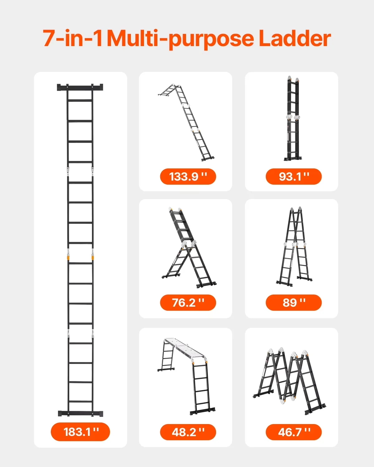 Durable Ladders And Step Stool with 7-in-1 Tall Extension Ladder, 15.5ft Reach Height Heavy Duty - Black Aluminium Alloy Model C0408D