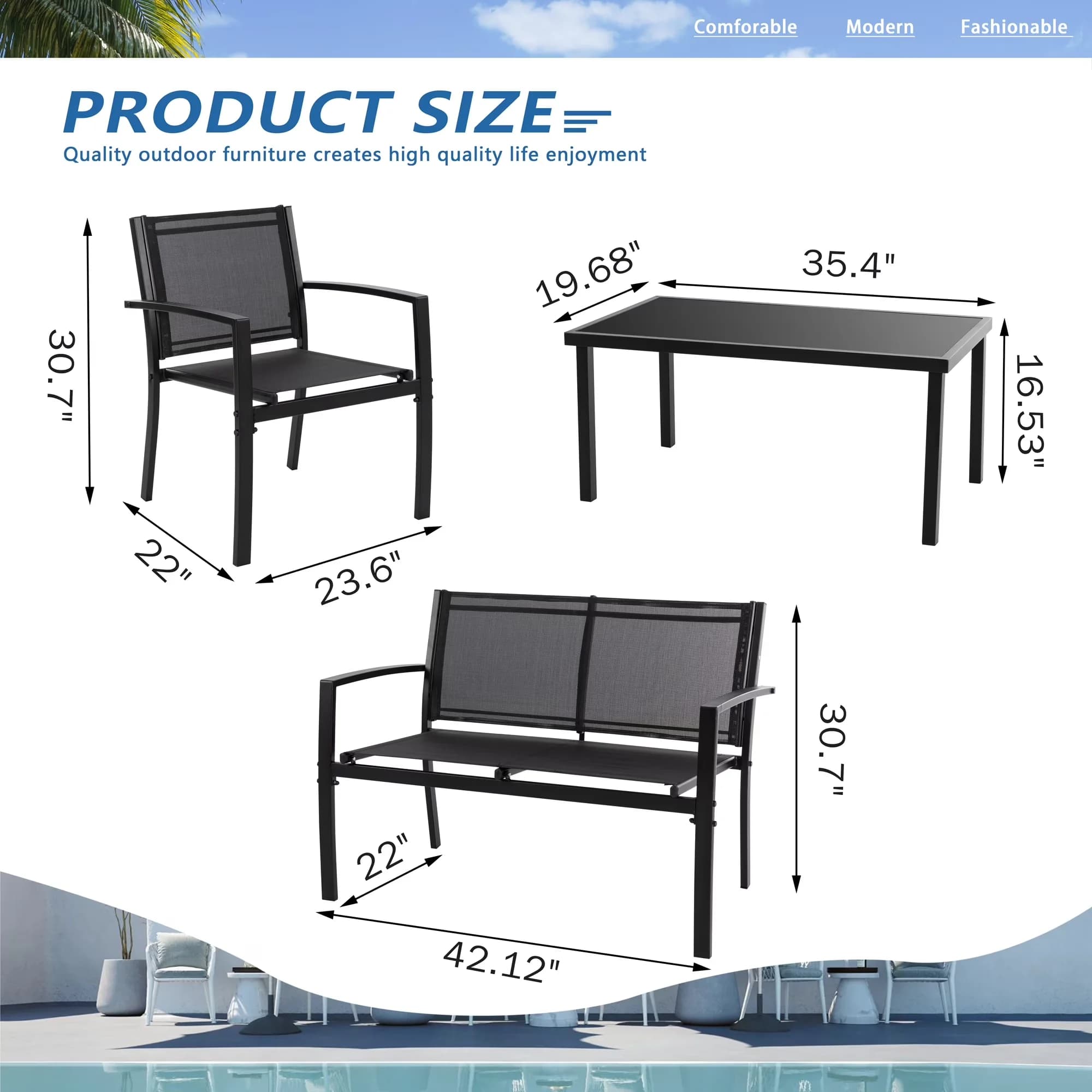 Compact Patio Dining Set with Weatherproof, Furniture Bistro, Loveseat ea Table - Black Model BE58E2