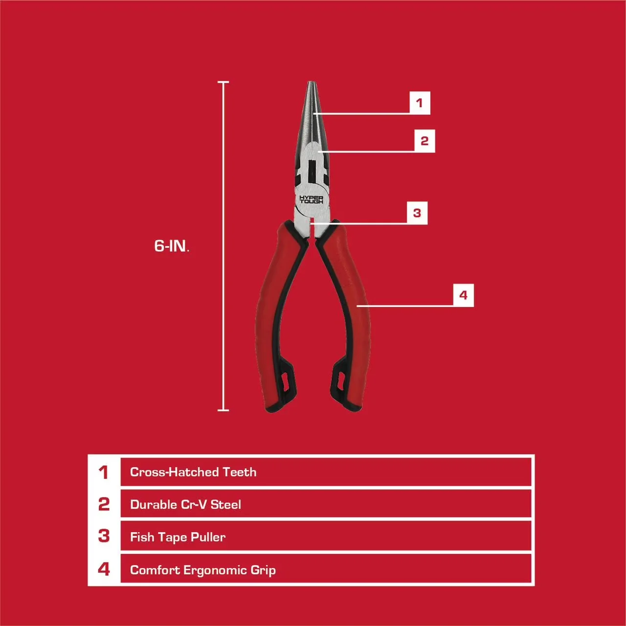 Professional Hand Tool with 6-inch Long-Nose Pliers, Dual Material Comfort Grips - Red 6" Model 6F4964