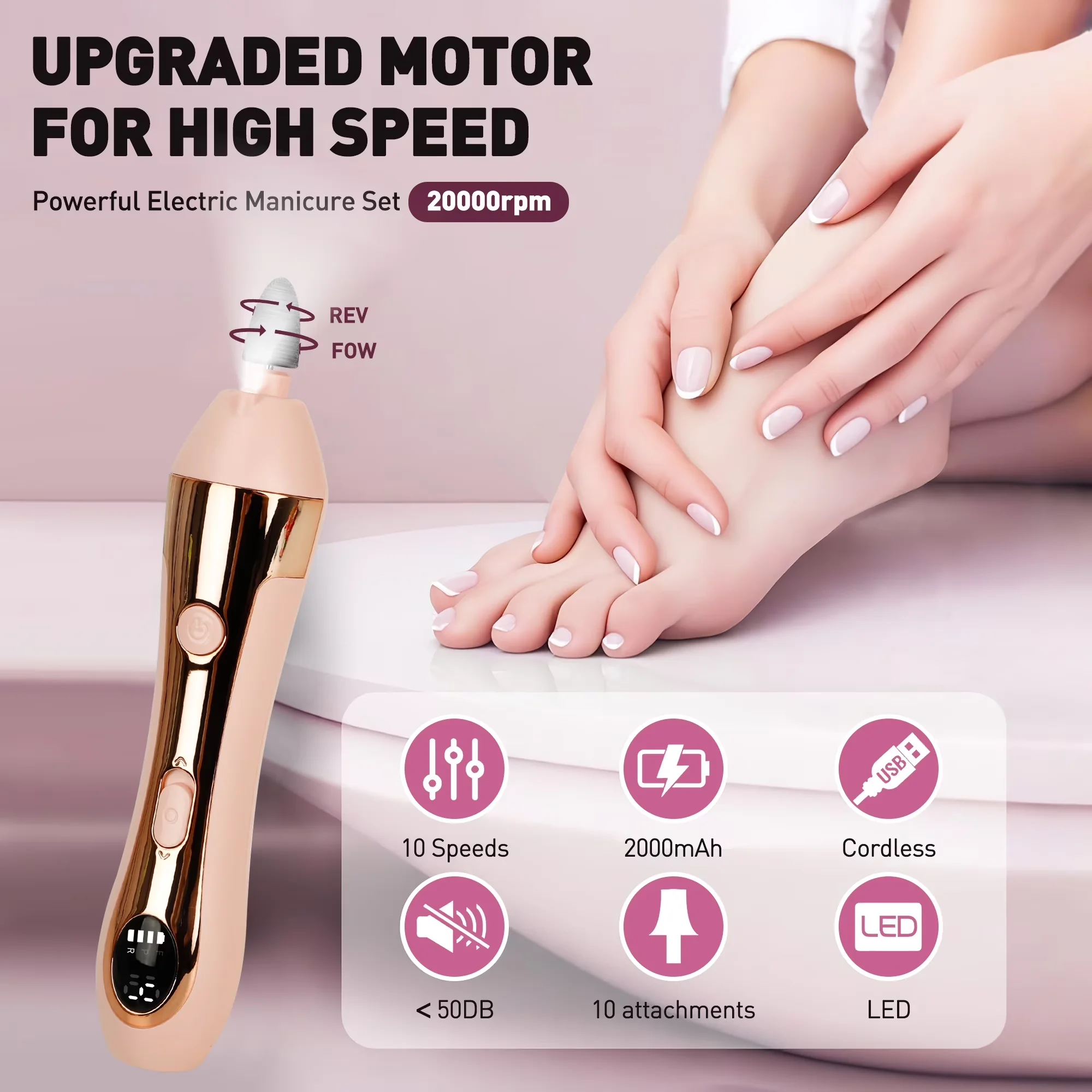 Classic Power Tool with LED, Cordless Electric Nail File, 10-Speed Nail Drill Kit - Abs Pink Model 13778C