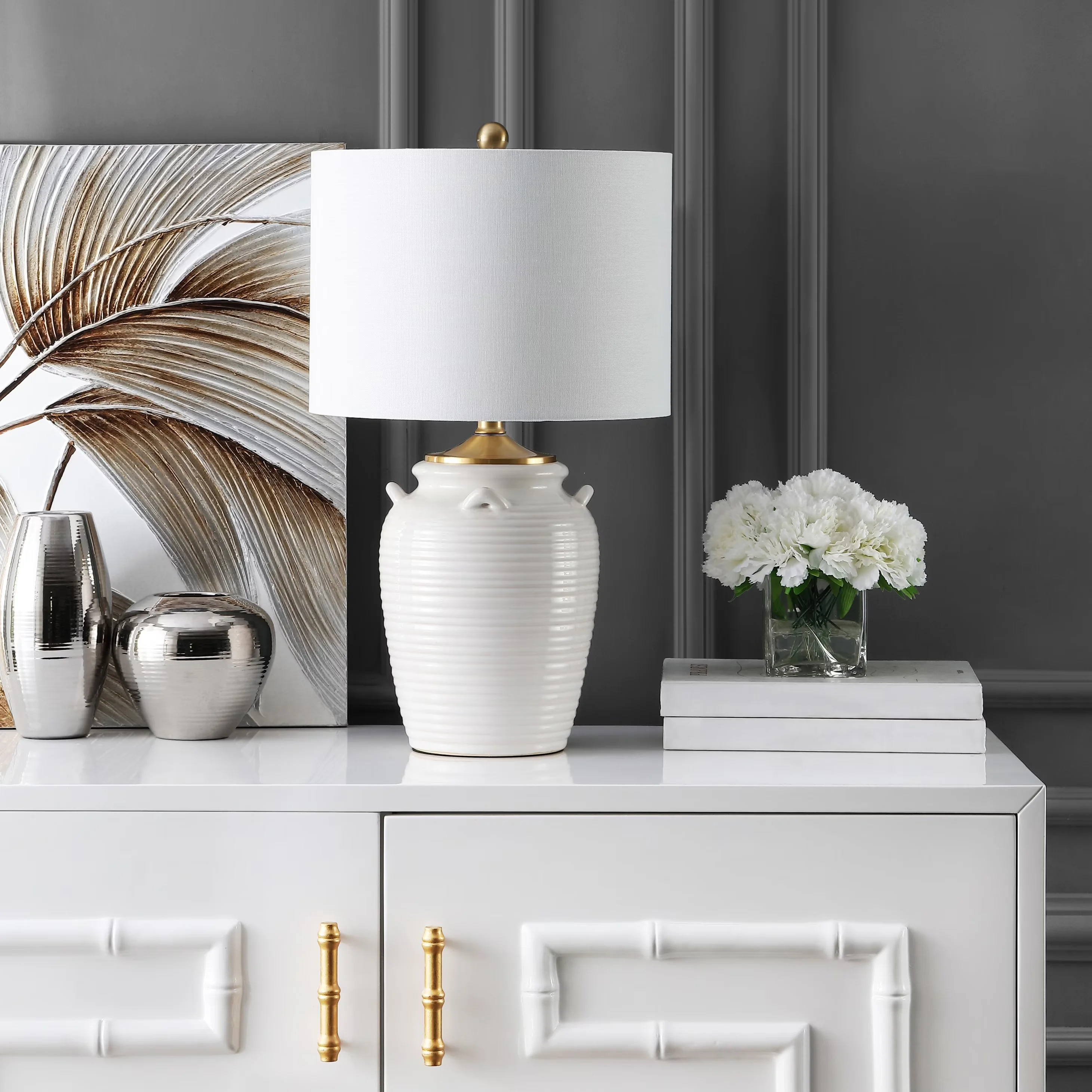 Modern Table Lamp with LED, Mid-Century - White, Gold, Multicolor Ceramic/Iron Model 1D9654