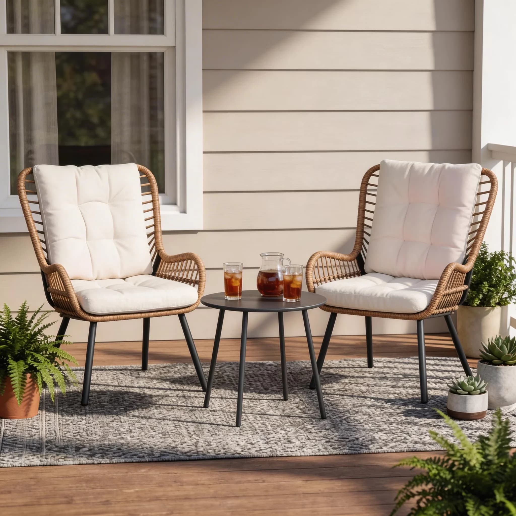 Versatile Patio Conversation Set with Weatherproof, High Back Outdoor Bistro - Steel, Pe Rattan, Polyester Beige for Garden Model C2B1CA