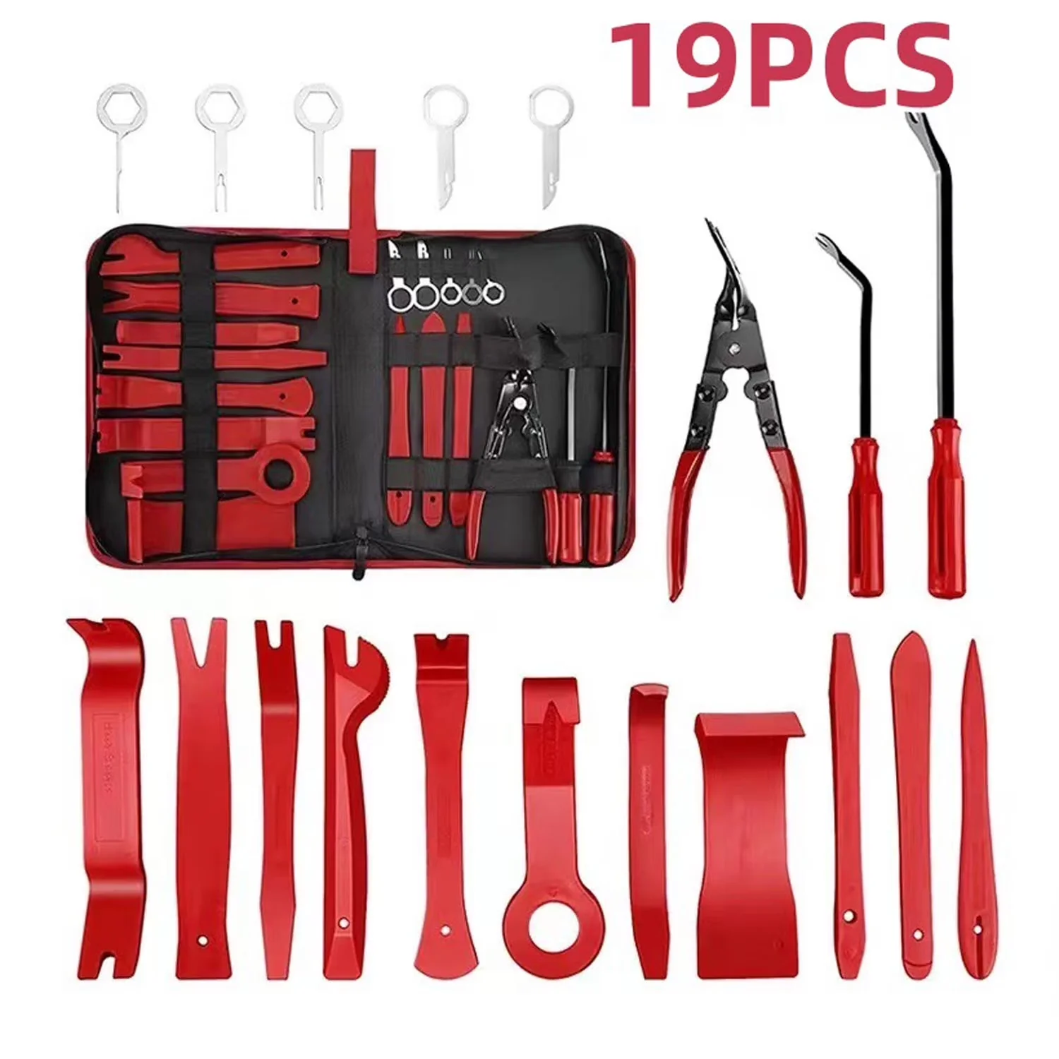 Classic Hand Tool Set with Handheld, 19Pcs Trim Removal, Auto Clip Pliers Fastener Remover - Red Model EF3F7D
